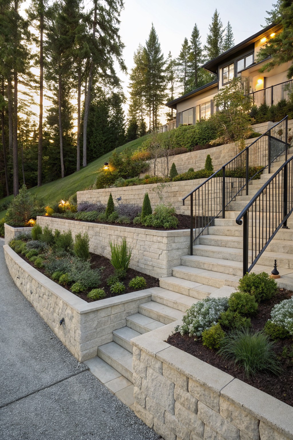 Sloped front yard with multiple tiers of beige stone retaining walls containing low shrubs and grasses, wide stone steps flanked by black metal railings leading to a house, tall evergreen trees in background at dusk.