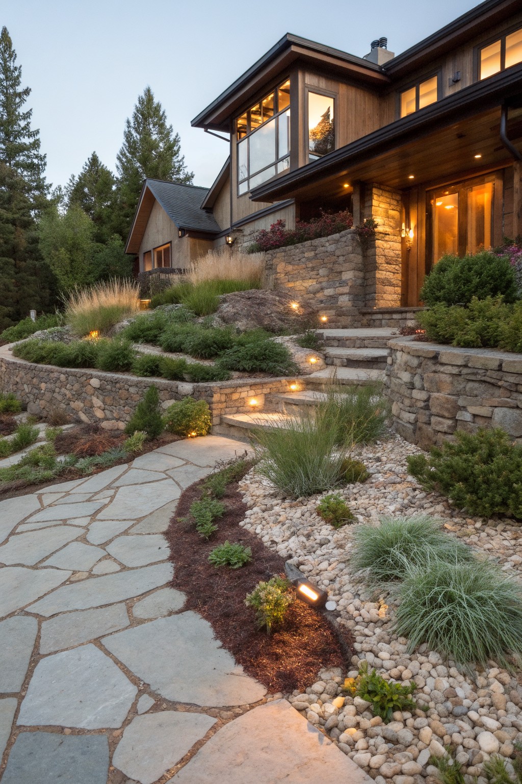 Modern wood-clad house on a slope with multi-level stone retaining walls planted with ornamental grasses and gravel beds, a winding flagstone path, and landscape lighting at dusk.