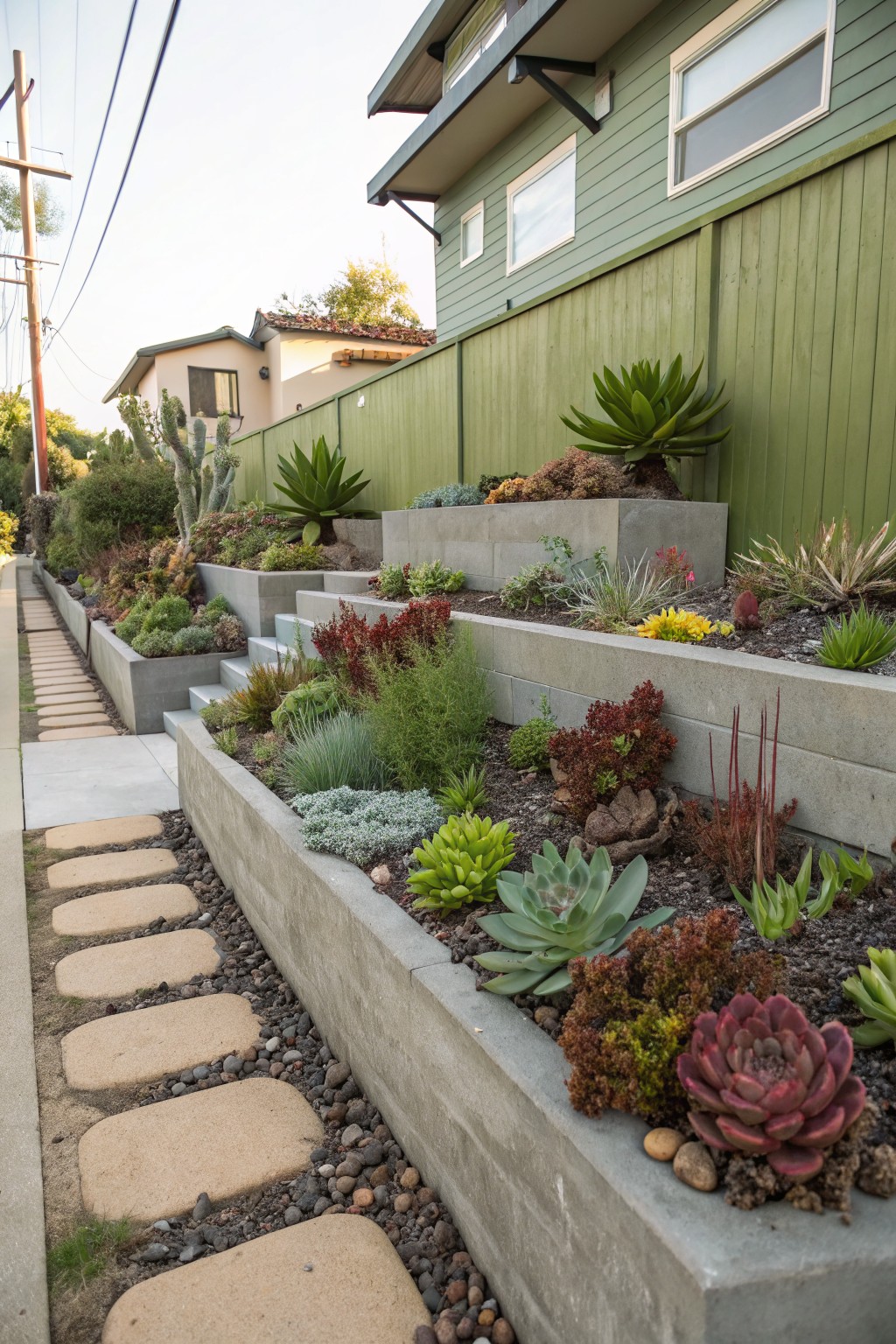 Sloped front yard with multiple tiers of concrete planters filled with succulents, sedums, and agaves, next to a concrete stepping stone path and a green-sided house.