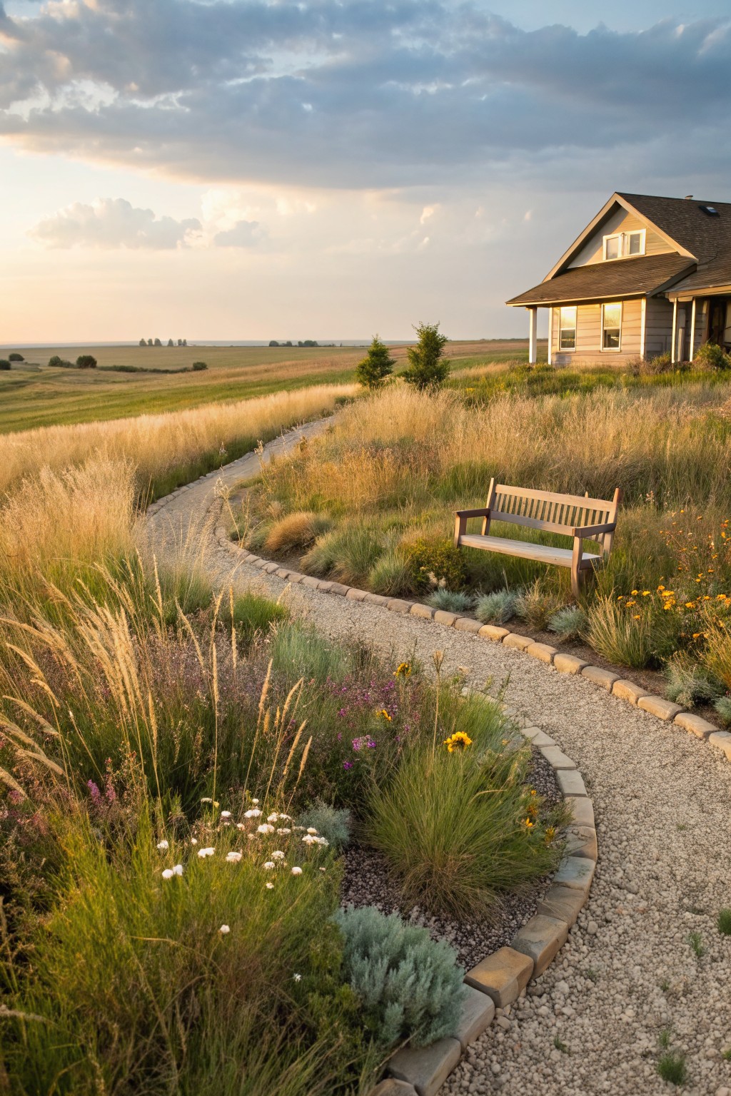 A curved gravel path winds through tall golden grasses, wildflowers, shrubs, and a wooden bench, leading toward a beige house on a grassy hillside under a partly cloudy sky at sunset.