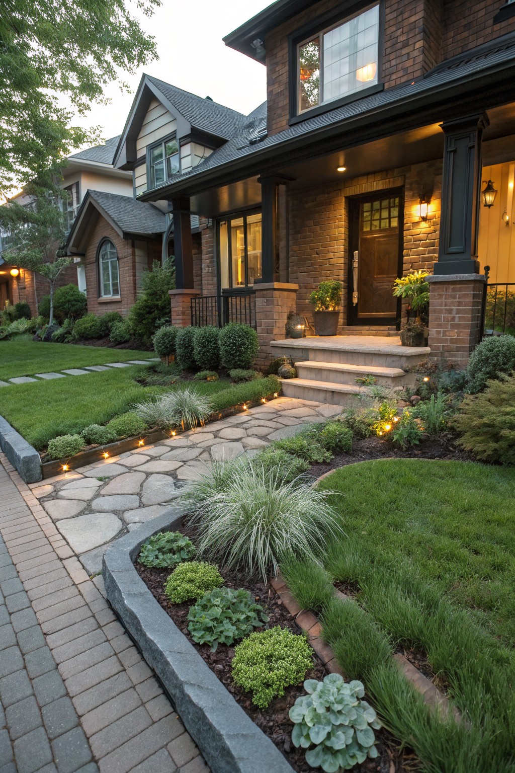 Front yard with a curved flagstone path edged by low-voltage lights and planting beds of ornamental grasses and shrubs leading to a brick house porch and entry door.