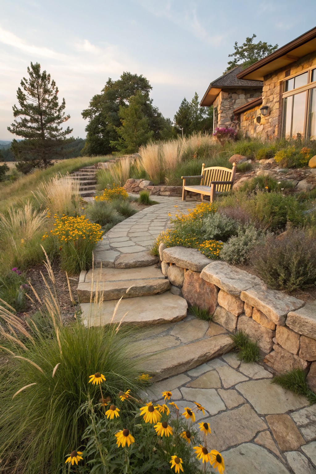 A curving flagstone path with wide steps ascends a hillside garden planted with tall ornamental grasses, yellow black-eyed Susan flowers, low shrubs, stone retaining walls, and a wooden bench beside a house exterior.