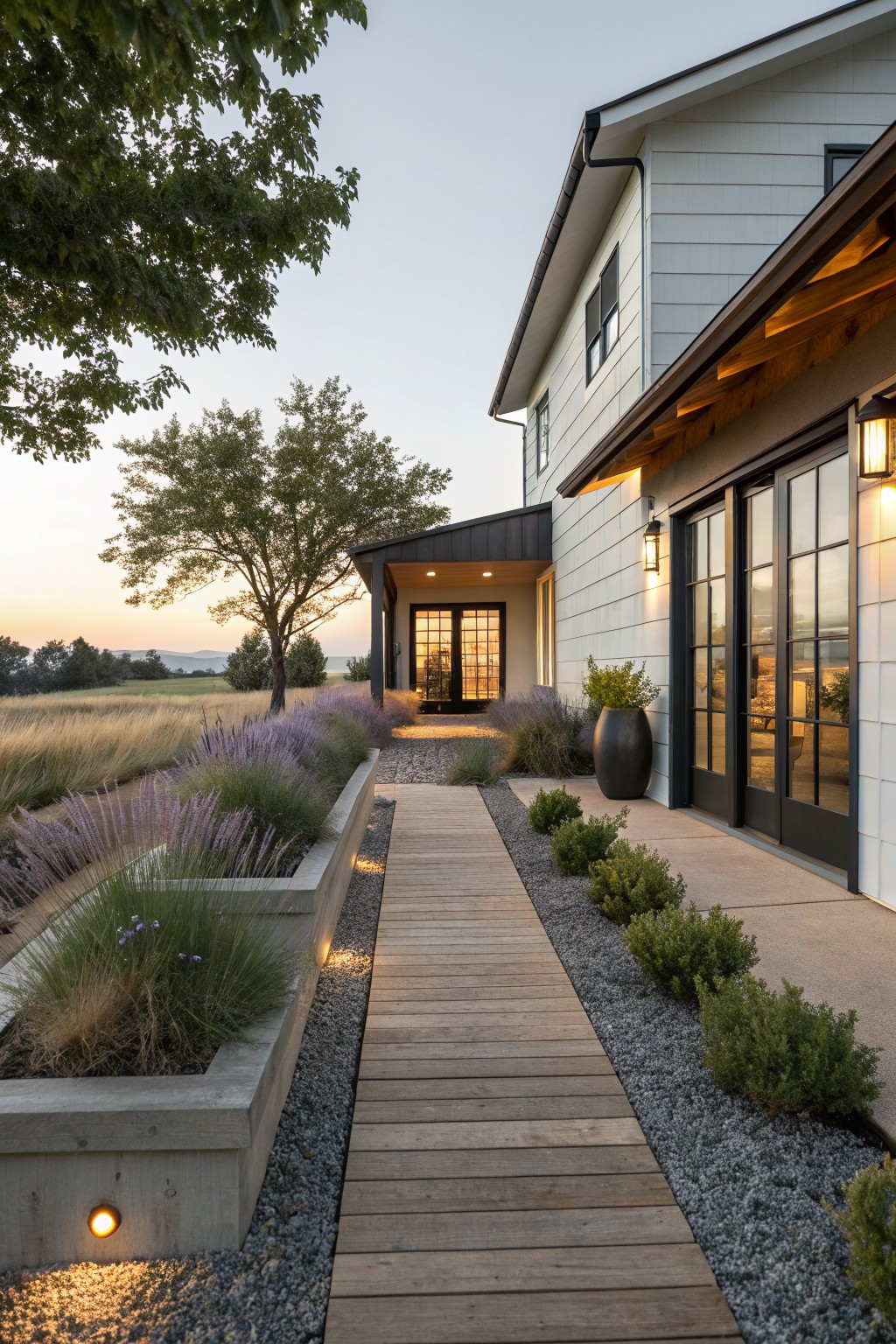 Wooden boardwalk pathway leading to a white modern farmhouse exterior, bordered by linear raised concrete planters with lavender and ornamental grasses, gravel edging, potted plants, and trees against a field backdrop at dusk.