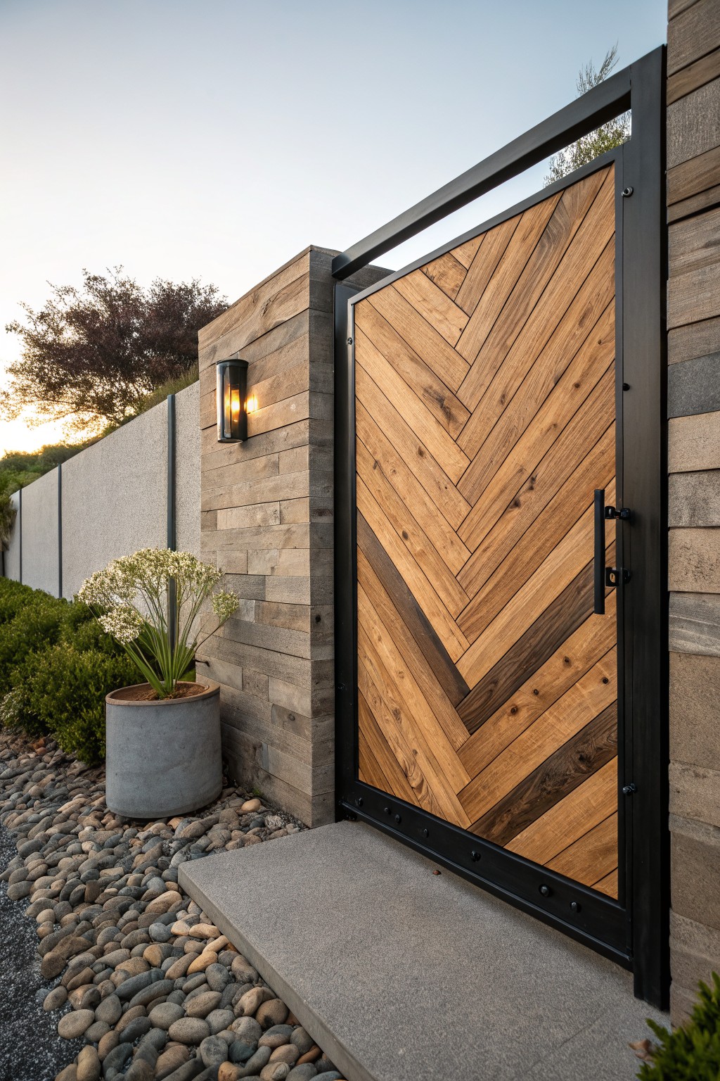 Wooden pedestrian gate featuring chevron-patterned planks in light and dark wood tones within a black metal frame, integrated into a stucco and wood-accented wall with adjacent landscaping of bushes, a potted plant with white flowers, pebble ground cover, and a cylindrical wall light.