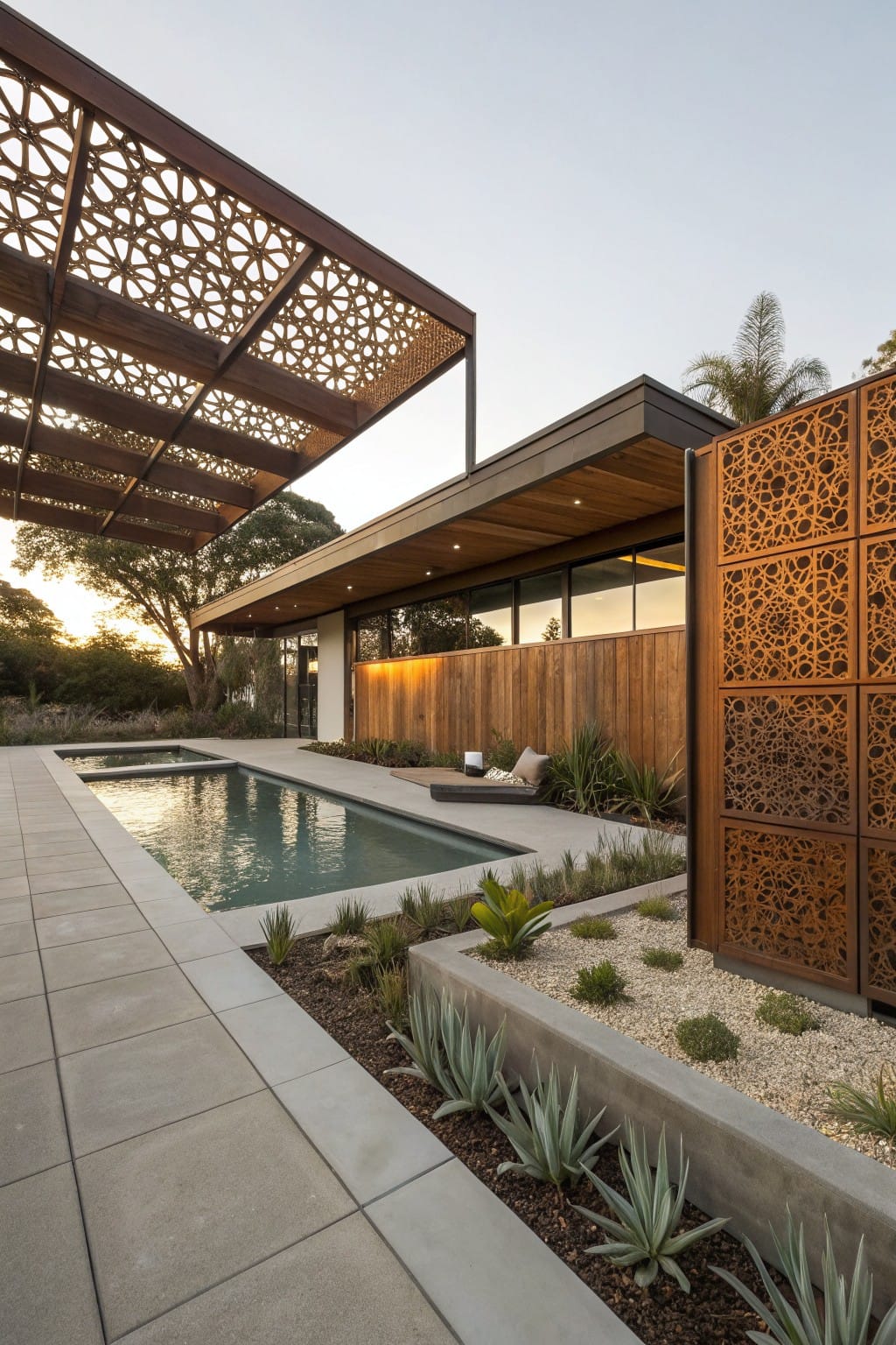 Modern backyard pool surrounded by gray paver decking, raised concrete planters with agave succulents, tall corten steel screens with intricate cutout patterns, wooden house exterior, and palm trees at dusk.