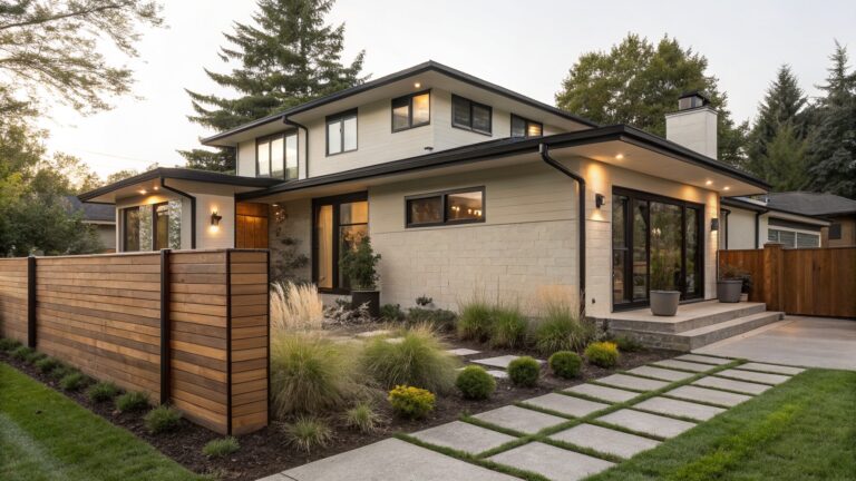 Side view of a modern house showing a horizontal wooden slat fence with black metal frames, flanked by ornamental grasses and a stone paver pathway leading to sliding glass doors.