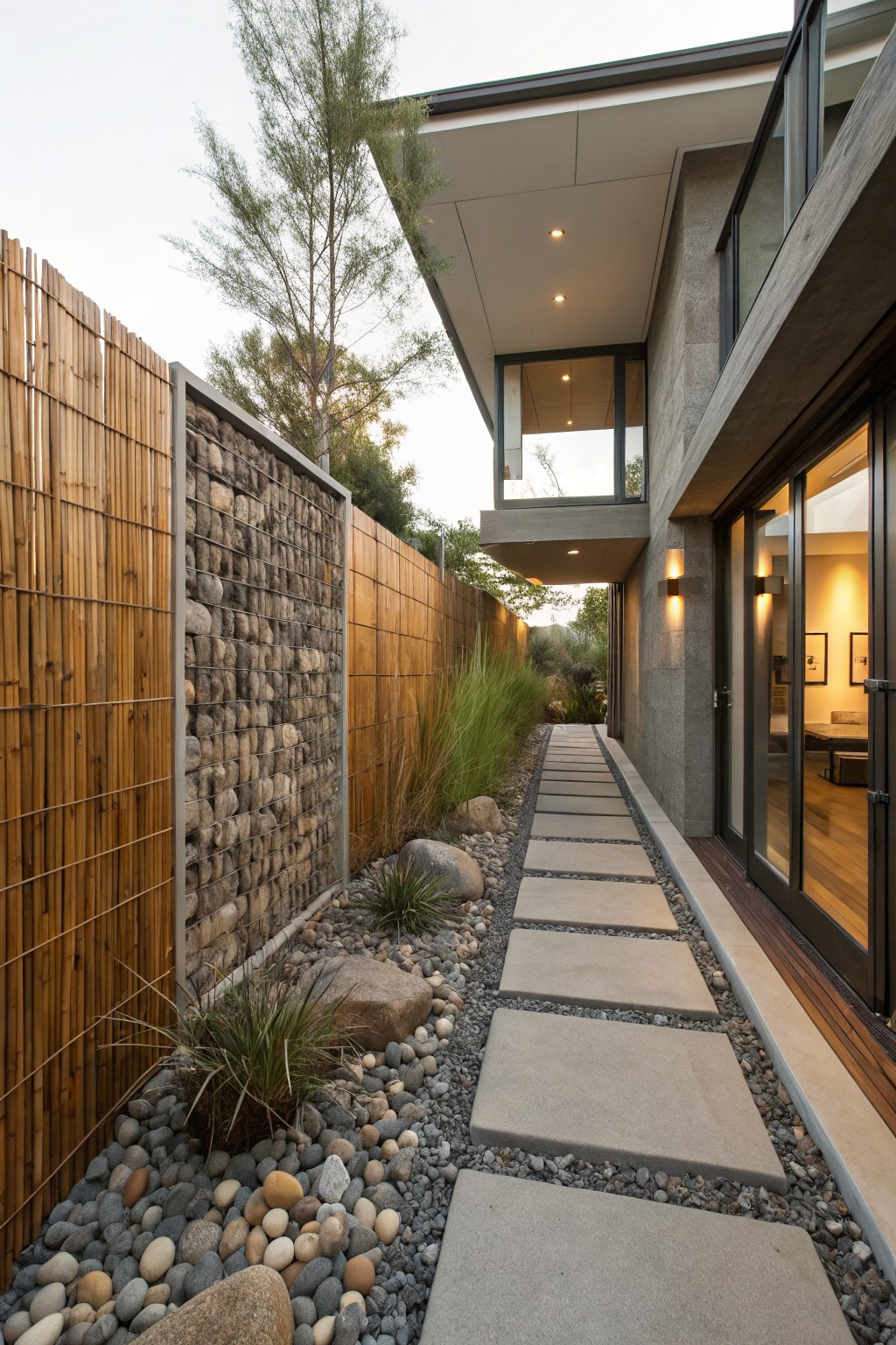 A concrete paver pathway alongside a modern gray house, bordered by a tall gabion wall filled with rocks and a bamboo screen fence, with gravel ground cover, grasses, and large boulders.