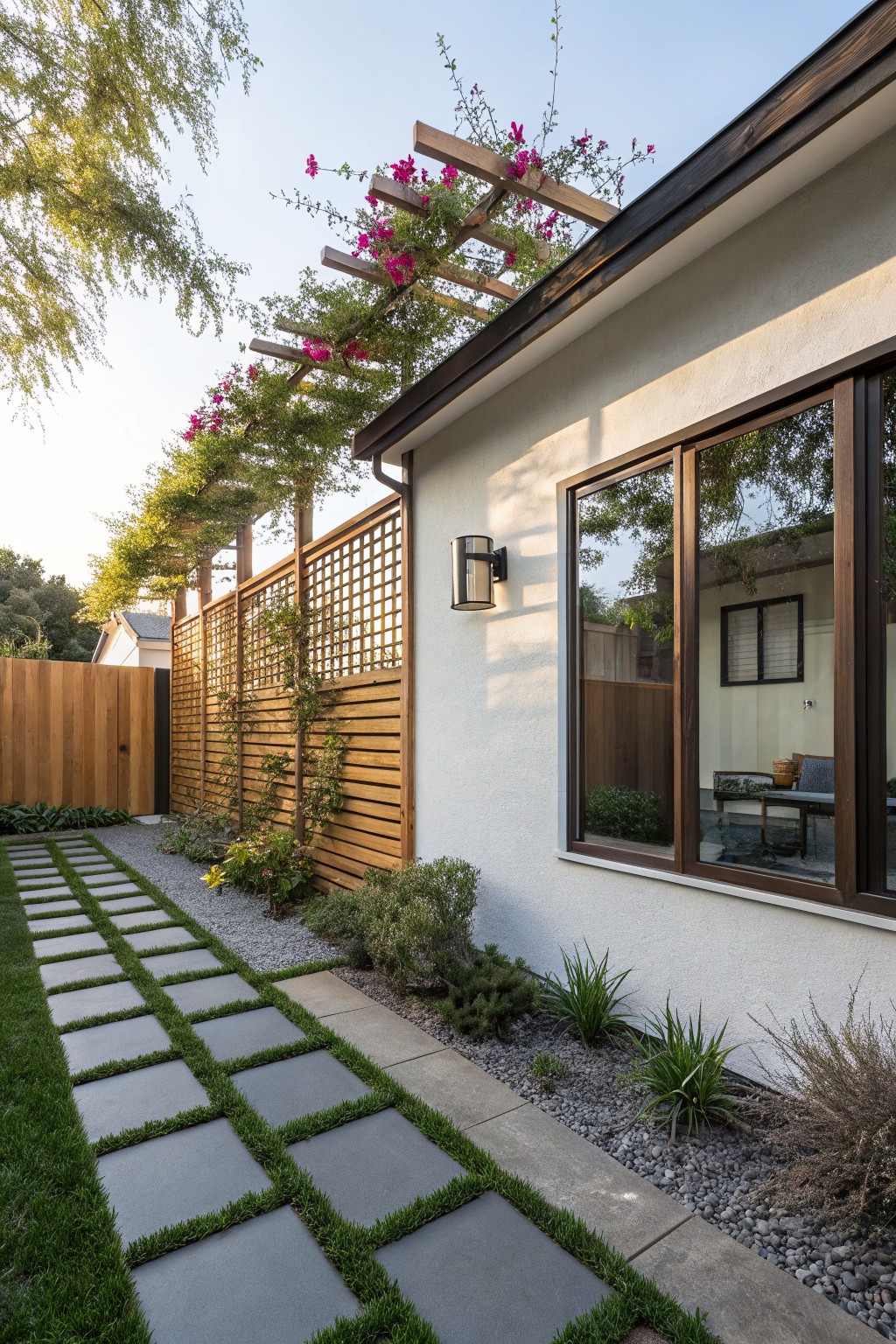 Modern white stucco house exterior with wooden lattice and slat fence partially covered in pink bougainvillea vines, a pergola overhead, concrete stepping stone path through grass, gravel planting bed, and large sliding glass windows.