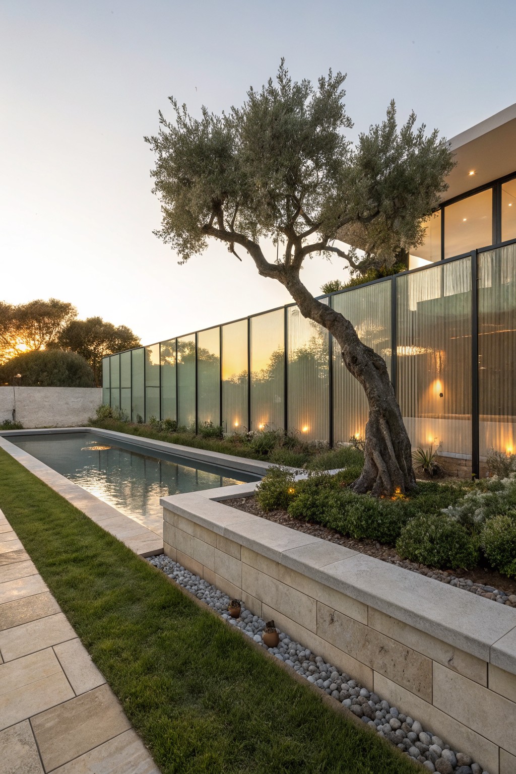 Modern backyard pool with gray stone raised edging and adjacent lawn, bordered by tall translucent vertical glass slat fence with black frames and ground lighting, olive tree leaning nearby, and contemporary house visible behind the fence at dusk.