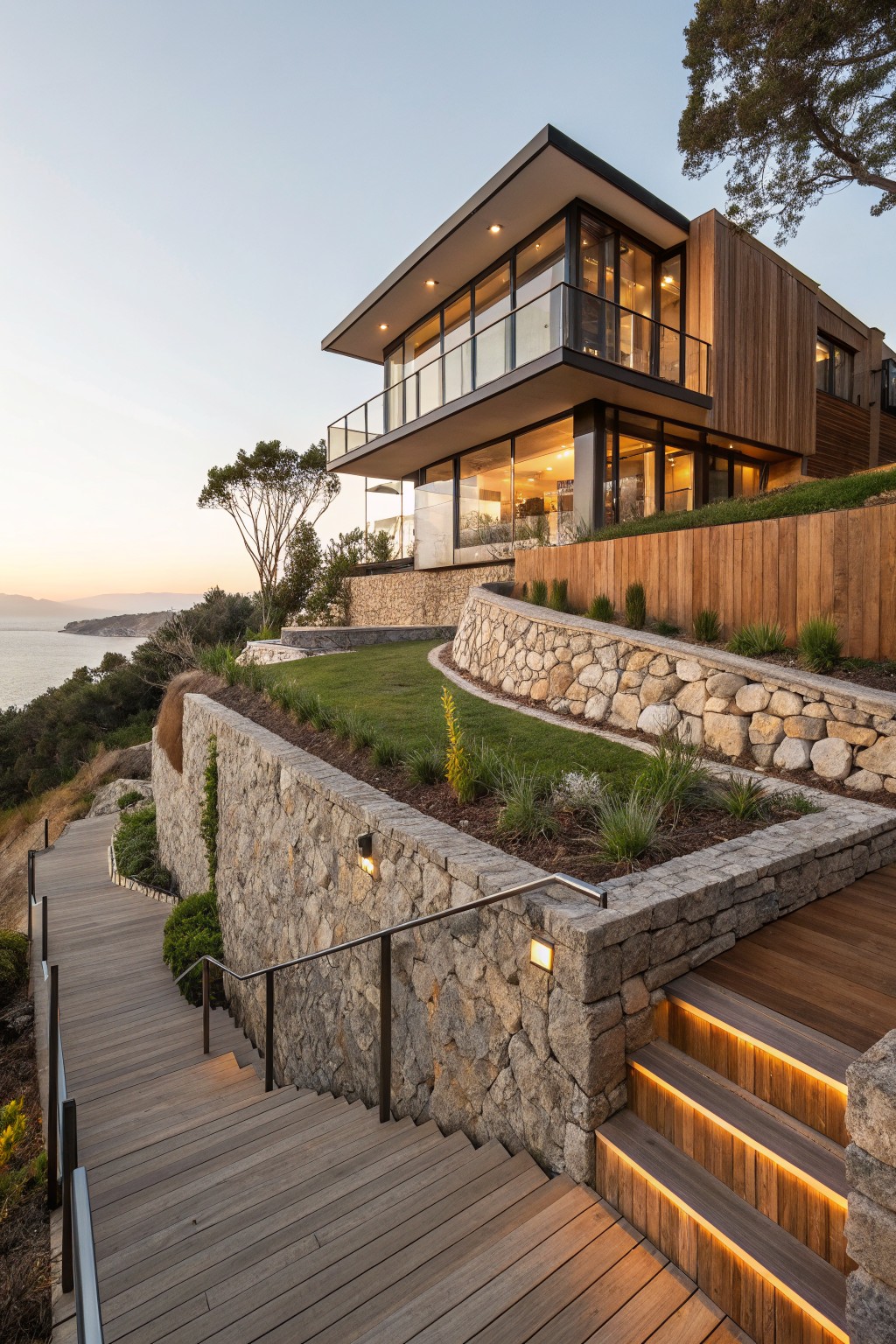 Modern two-story house with cedar cladding and glass walls perched on a terraced hillside, featuring horizontal wooden fences, stone retaining walls, wooden stairs, and low plantings overlooking the ocean at dusk.