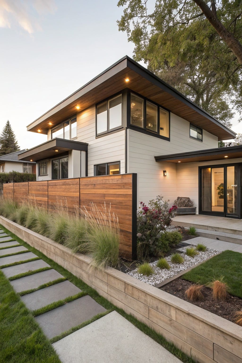 Side view of a modern house showing a horizontal wooden slat fence with black metal frames, flanked by ornamental grasses and a stone paver pathway leading to sliding glass doors.