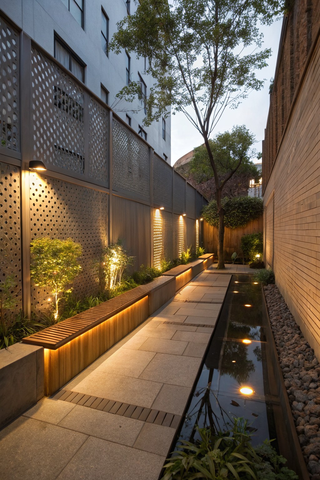Narrow garden pathway with central water channel and wooden benches, flanked by perforated metal screens on one side and brick wall on the other, lit by wall-mounted lights at dusk.