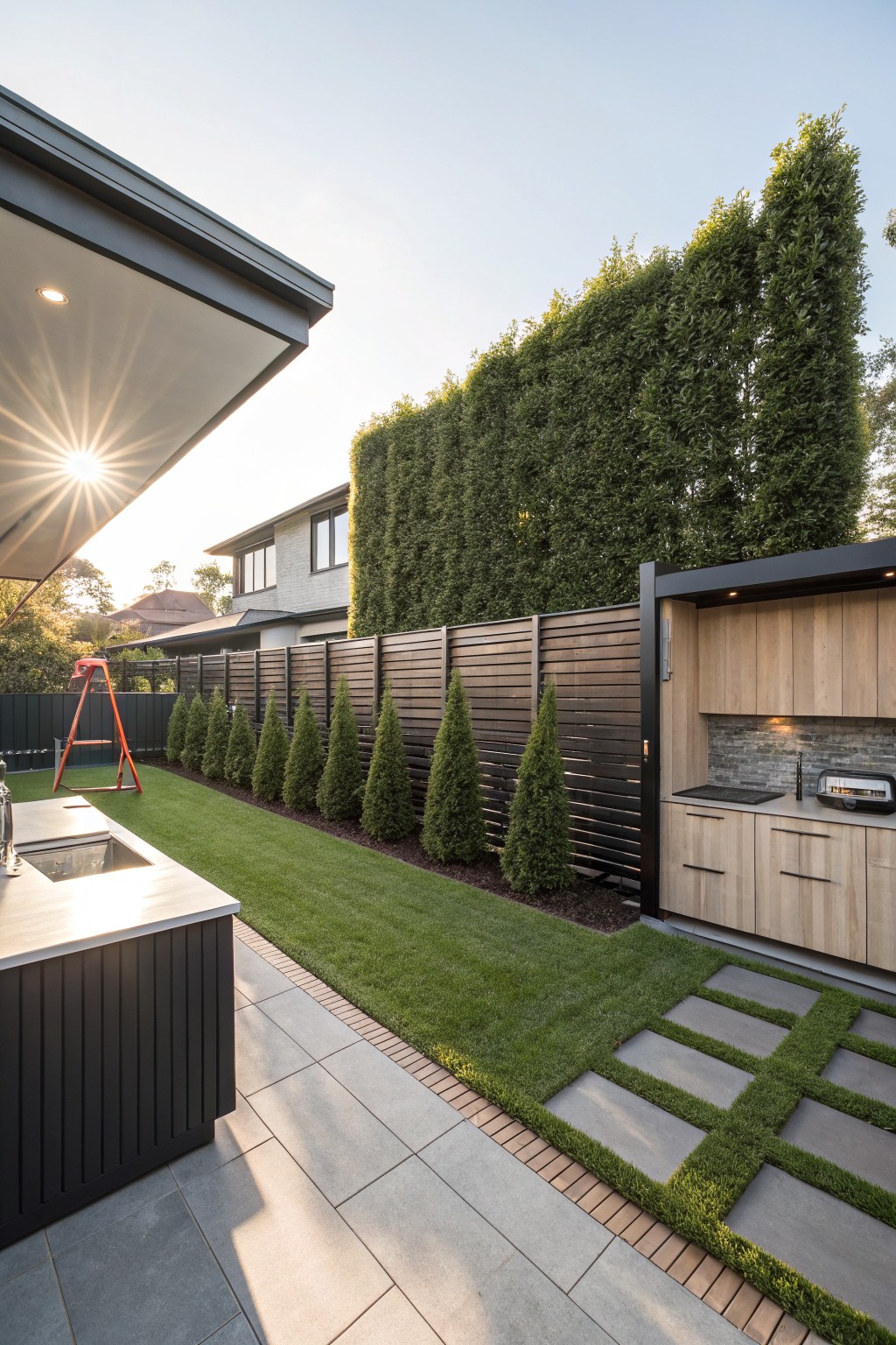 Backyard view showing dark vertical slatted wood fence with tall slim conifer trees planted along a narrow lawn strip, next to an outdoor kitchen and stone pavers.