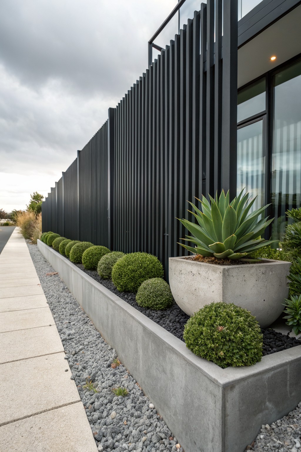 Black vertical slat metal fence runs alongside a paved sidewalk with a raised concrete planter bed containing round boxwood shrubs, black gravel mulch, and a large potted agave plant.