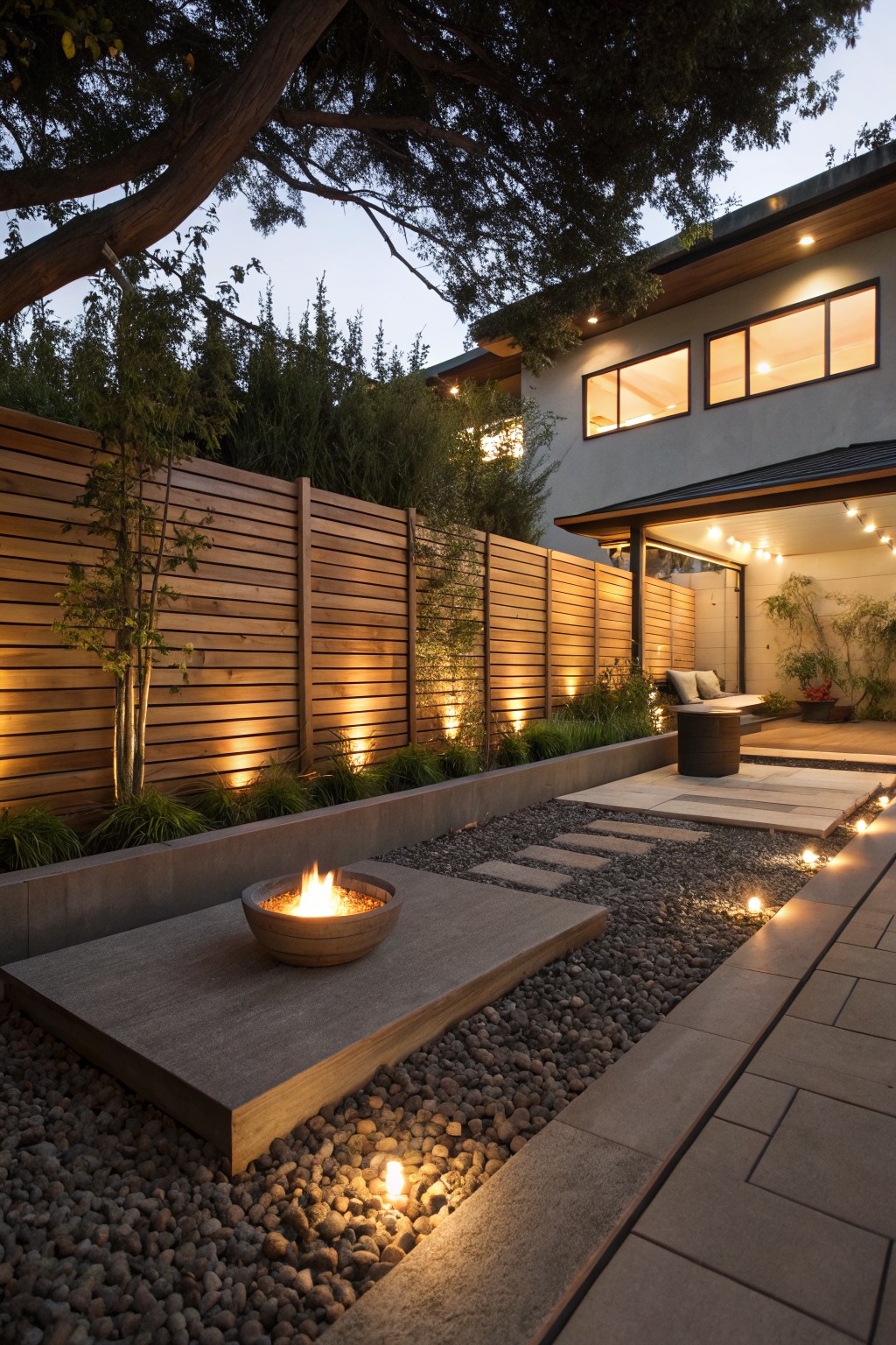 Modern backyard at dusk with tall horizontal slatted wooden fence backlit by uplights, stone platform fire pit, gravel path edged in plants, and covered patio area beside a light gray house.