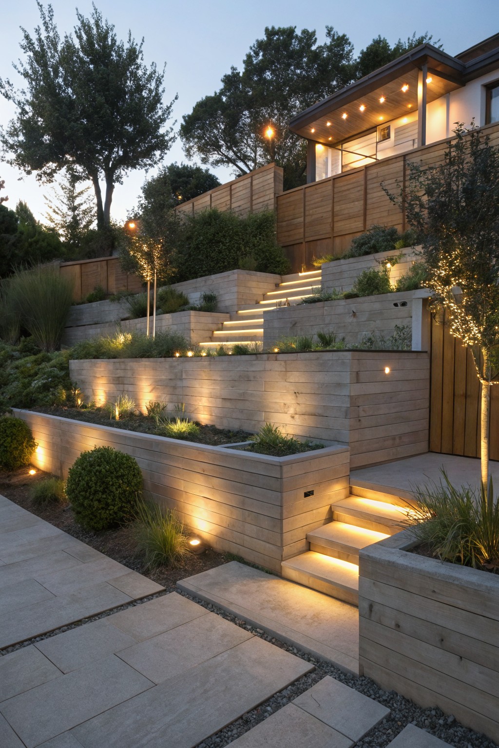 Sloped backyard garden featuring multiple terraced wooden retaining walls with integrated LED lighting under steps and edges, planted beds, pathway pavers, and a modern house above.