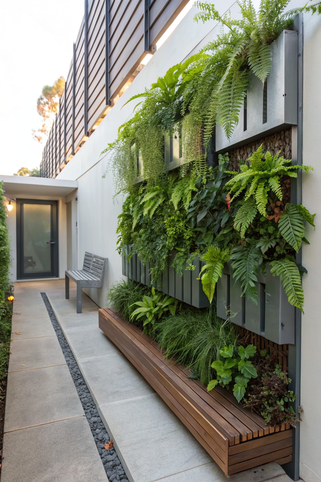 Narrow concrete pathway with pebble edging leading to a frosted glass entry door, vertical green wall of ferns in metal frames along slatted fence, wooden bench planter, and metal bench.