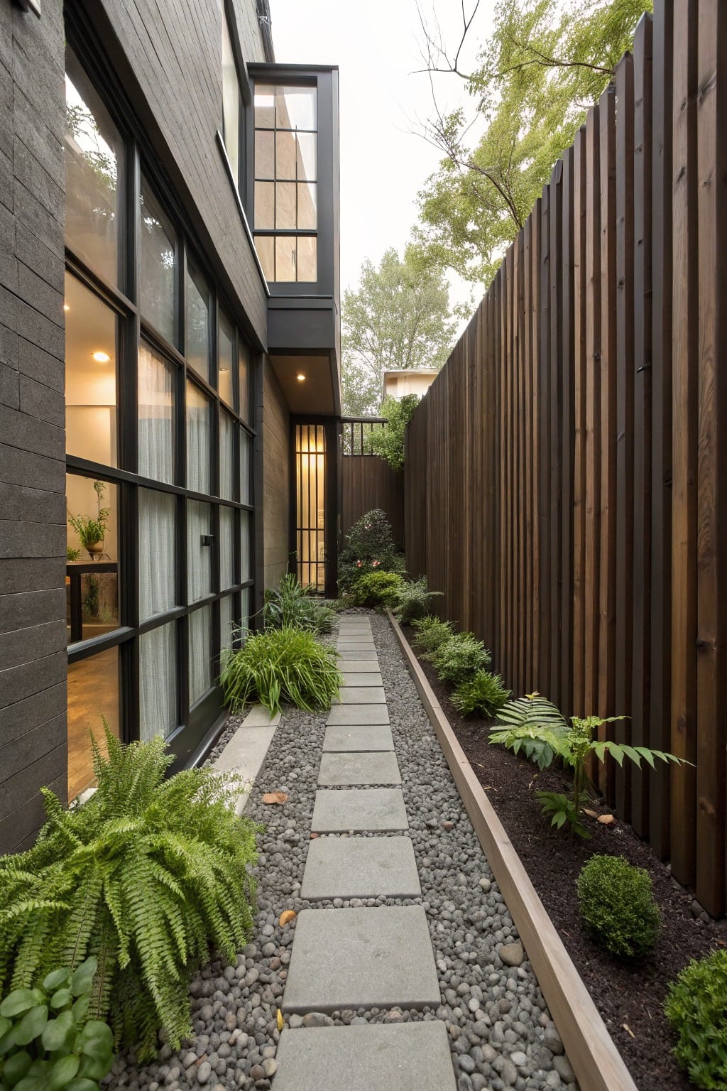 Narrow stone pathway with gravel edges and ferns between a modern black-clad house featuring large glass windows and a tall dark vertical wood slat fence.