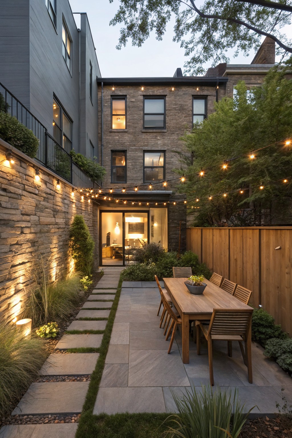 Narrow backyard with a stone retaining wall on one side and wooden fence on the other, outdoor teak dining table with chairs, string lights overhead, wall uplights, and stone slab pathway.