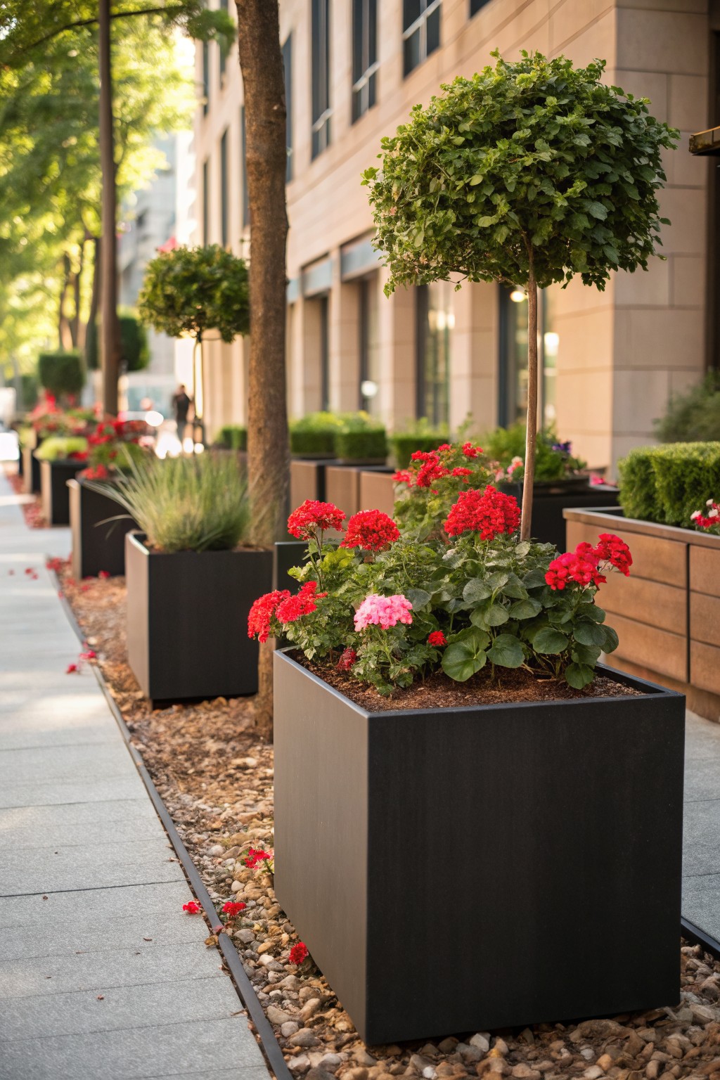 Sidewalk edged with black square planters containing red geraniums, pink flowers, grasses, and shrubs, bordered by gravel mulch next to a beige building facade and street trees.