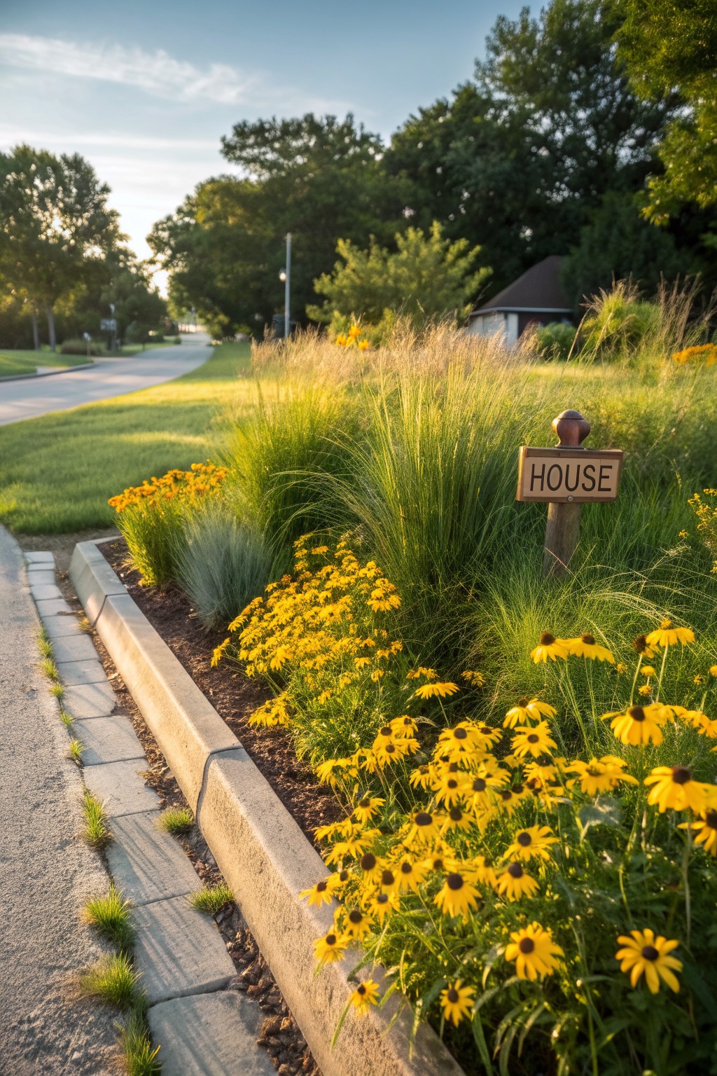 Curbside flower bed with tall ornamental grasses, yellow black-eyed Susan flowers, and a wooden 