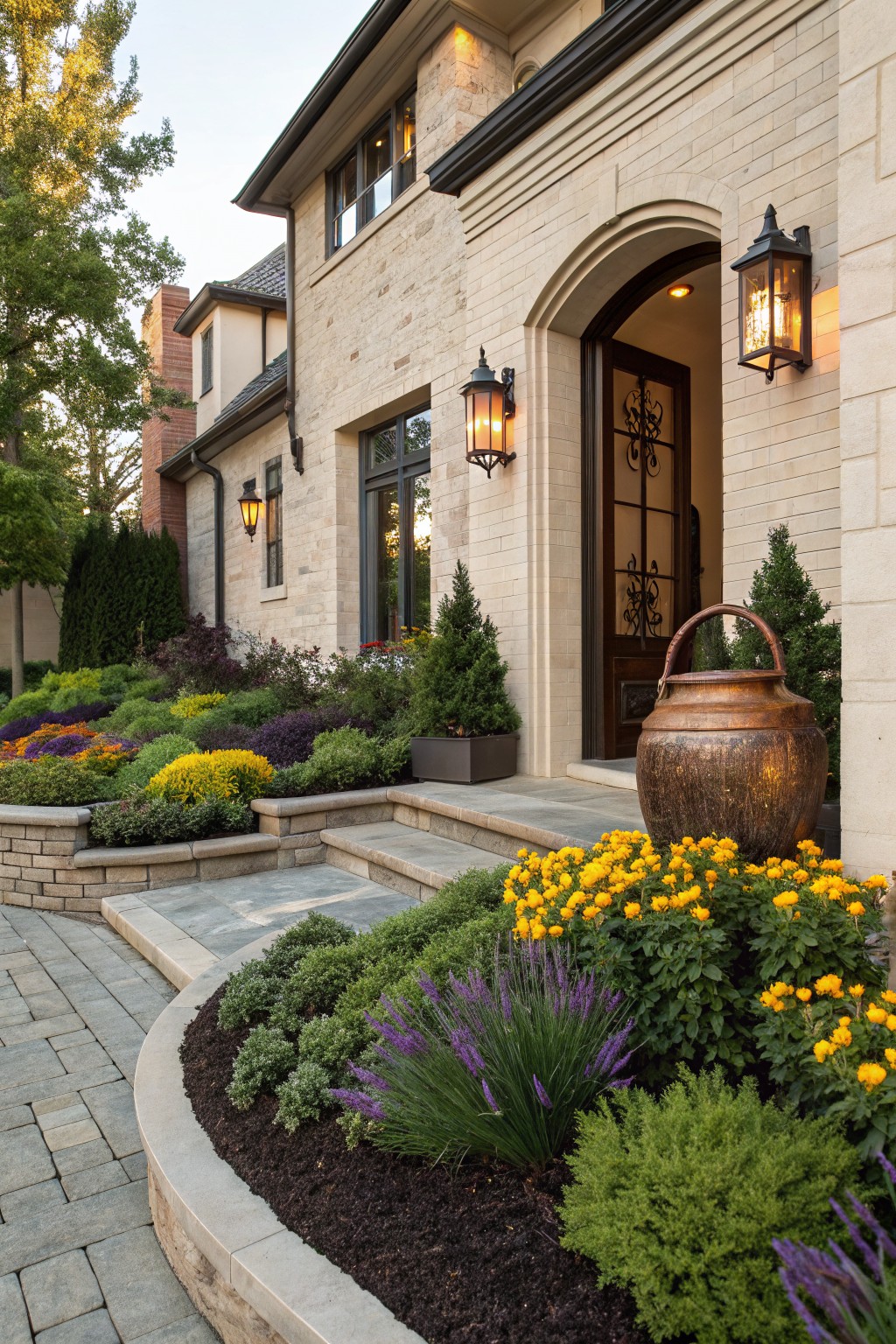 Brick house facade with arched wooden entry door and lanterns, curved raised stone flower beds planted with yellow, purple, and green plants along paved steps and pathway.