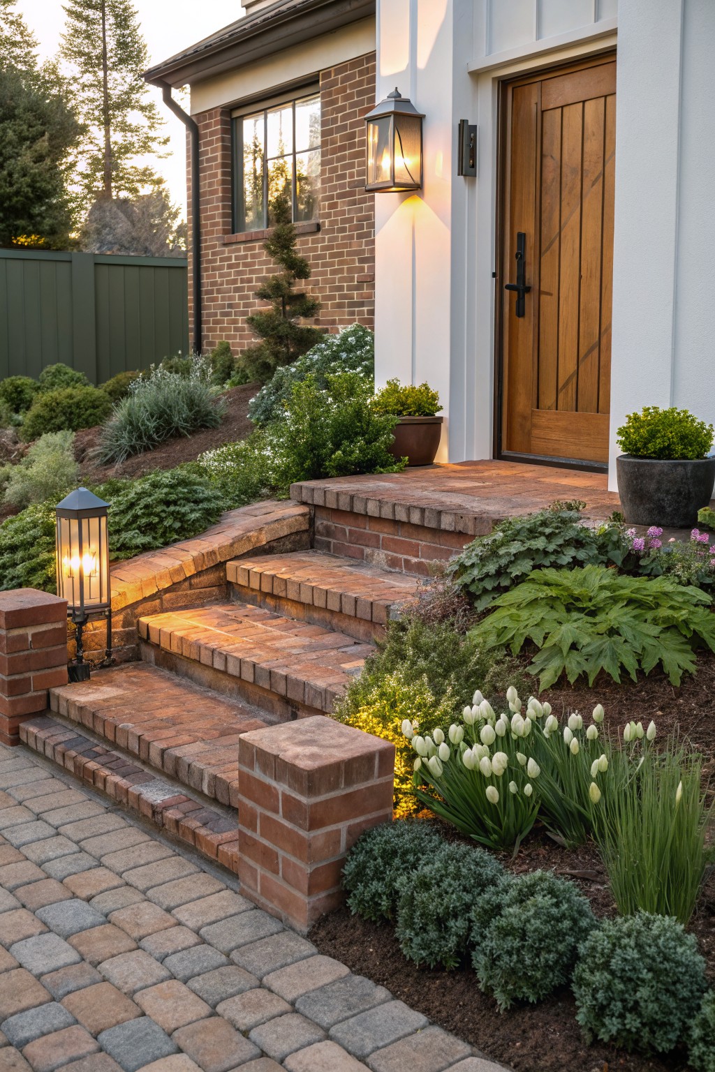 Front yard entrance featuring brick steps leading to a wooden door on a white and brick house, with curved flower beds of tulips, shrubs, and greenery on both sides, flanked by lanterns and a paver pathway.
