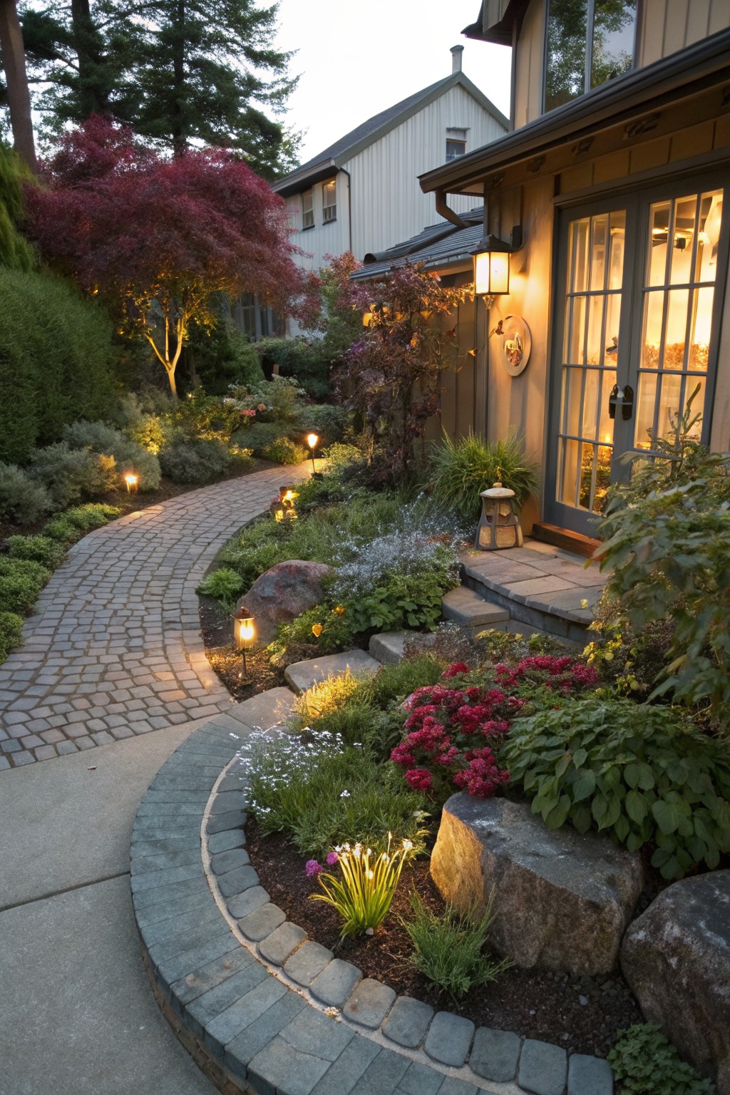 A winding cobblestone path lit by low ground lanterns curves through layered flower beds with red blooms, grasses, shrubs, and boulders toward a house entrance at evening.