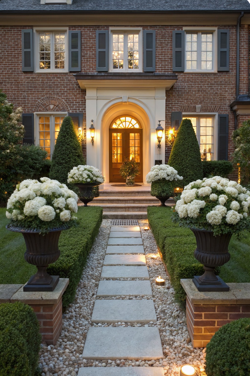 Brick house facade with arched entry and double doors, flanked by potted white hydrangeas in tall urns, tall evergreens, boxwood hedges, and a central stone walkway edged in gravel and low lights through lawn beds.