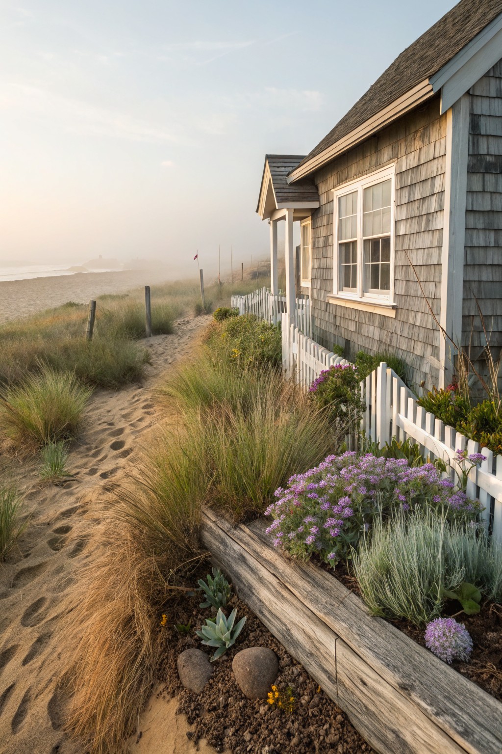 Shingled beach cottage beside a sandy path through dunes, with tall grasses, white picket fence, and raised flower bed edged by wooden beams containing purple flowers, succulents, and gravel.