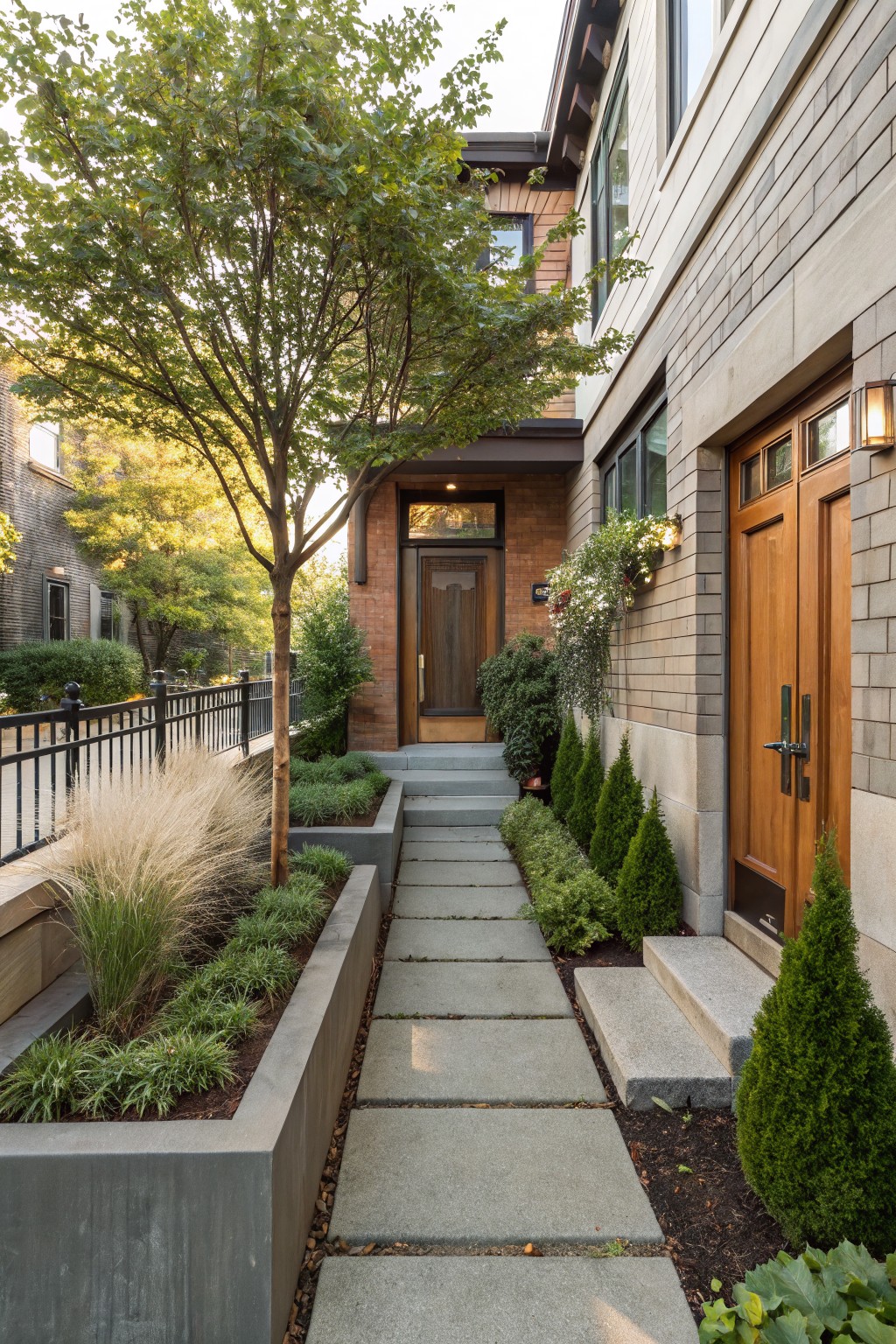 Straight gray stone paver pathway bordered by tall raised concrete planters containing ornamental grasses, low shrubs, and small trees, leading to steps and double wooden doors on a brick and siding house exterior.