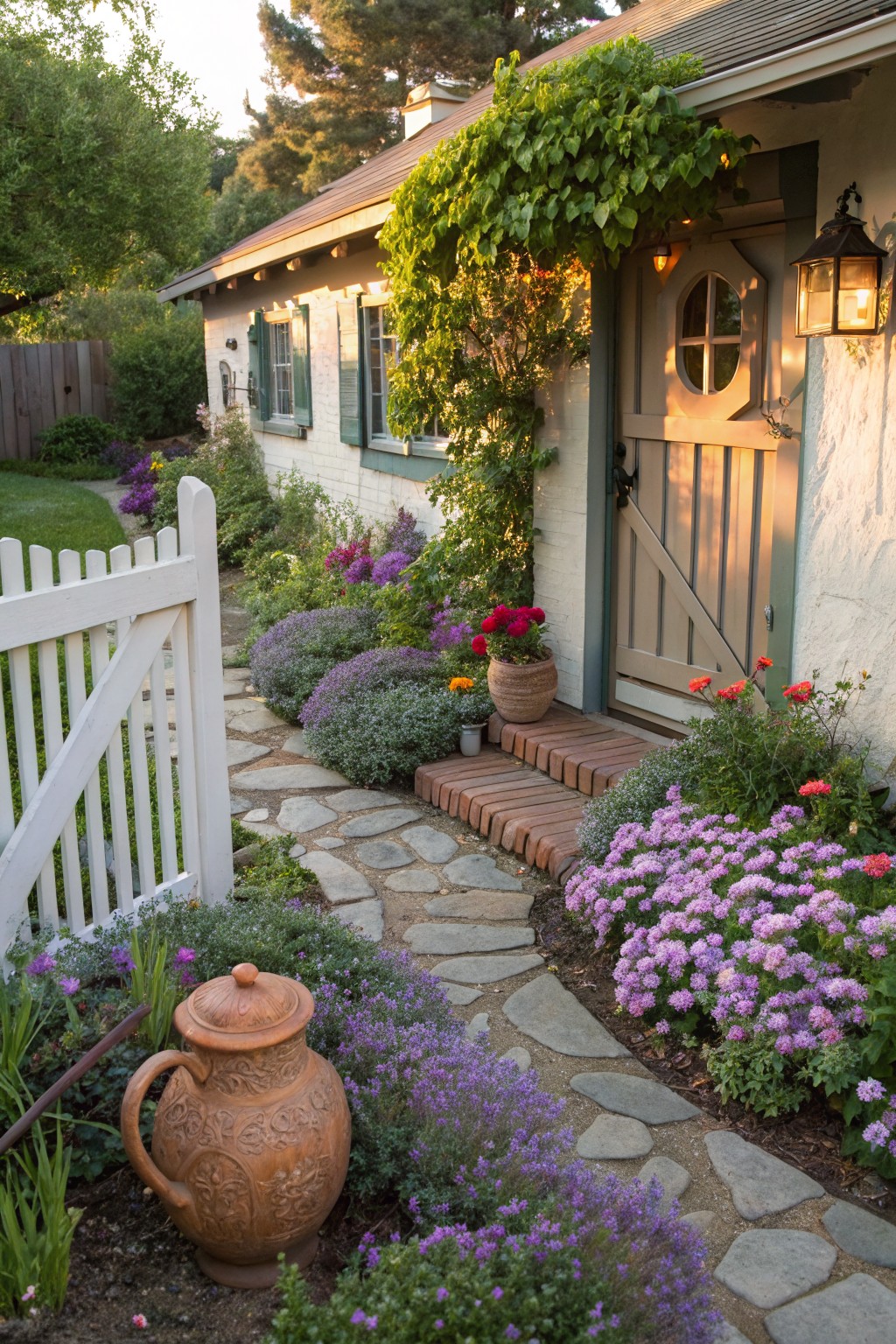 Stone path of irregular slabs winds through dense purple and pink flower beds and shrubs, leading past a terracotta pot to a wooden door on a white stucco house with green shutters and climbing vines.