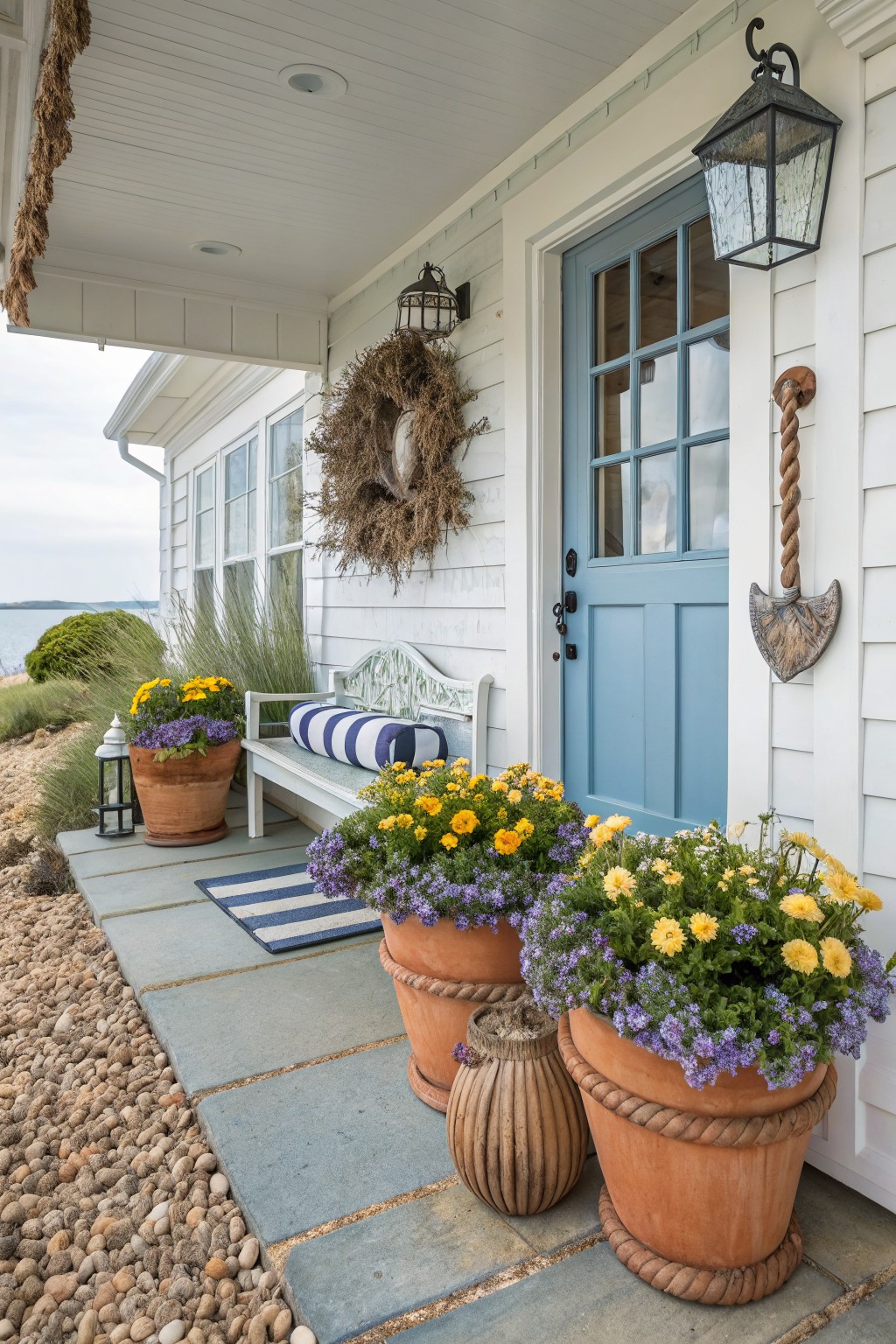 White shingle-style house exterior with blue front door on a covered porch, large terracotta pots of yellow and purple pansies along a stone path, wooden bench with cushions, nautical rope decor, and seaside landscaping.
