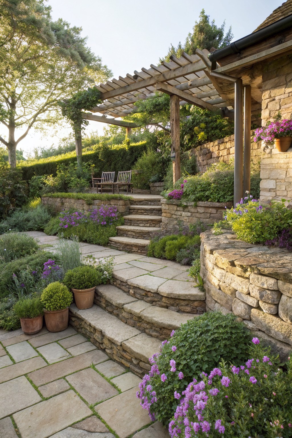 Terraced stone steps and retaining walls planted with purple flowers and greenery, leading to a wooden pergola with benches beside a stone house wall.