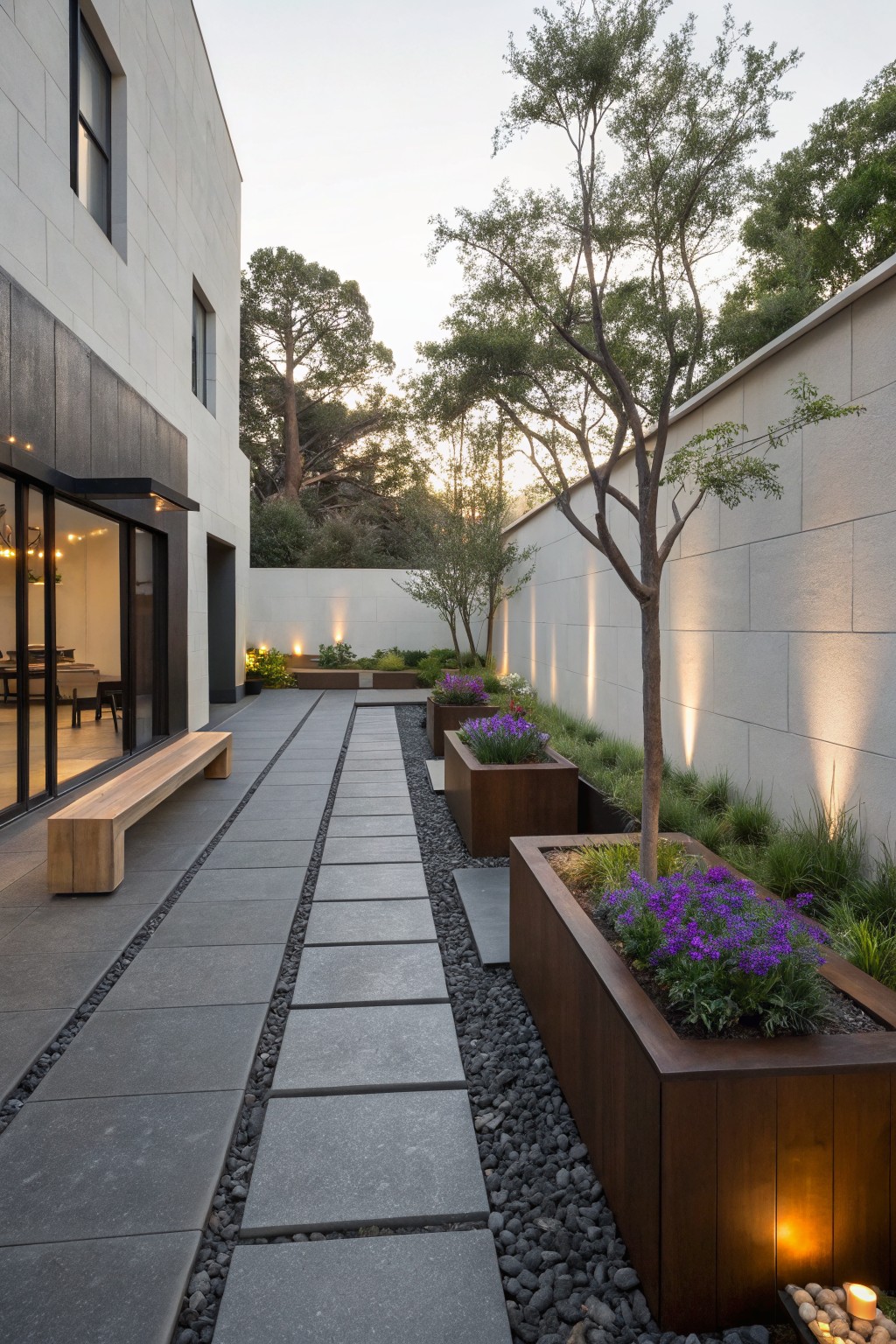 Narrow outdoor pathway of dark stone pavers edged with wooden planters filled with purple flowers and grasses, a wooden bench nearby, gravel mulch, wall-mounted lights, between white stucco walls and trees at dusk.