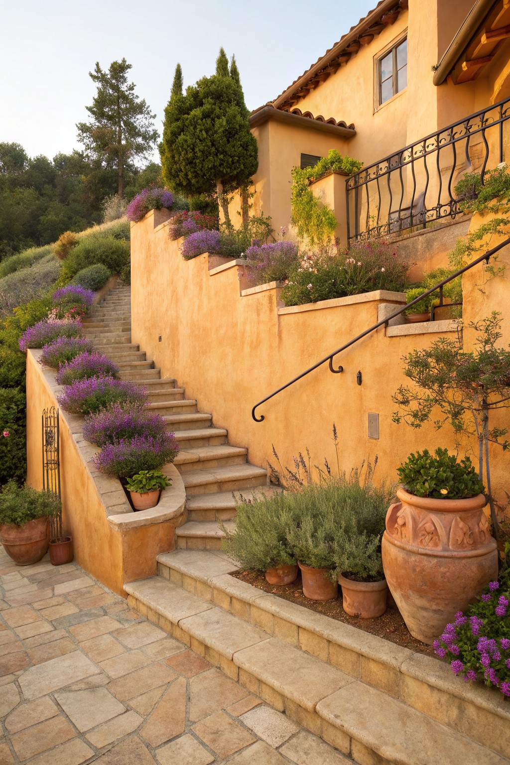 Stone staircase ascending a terracotta stucco house wall, lined with clusters of purple flowering plants in built-in beds, surrounded by potted greenery and terracotta pots on a hillside.