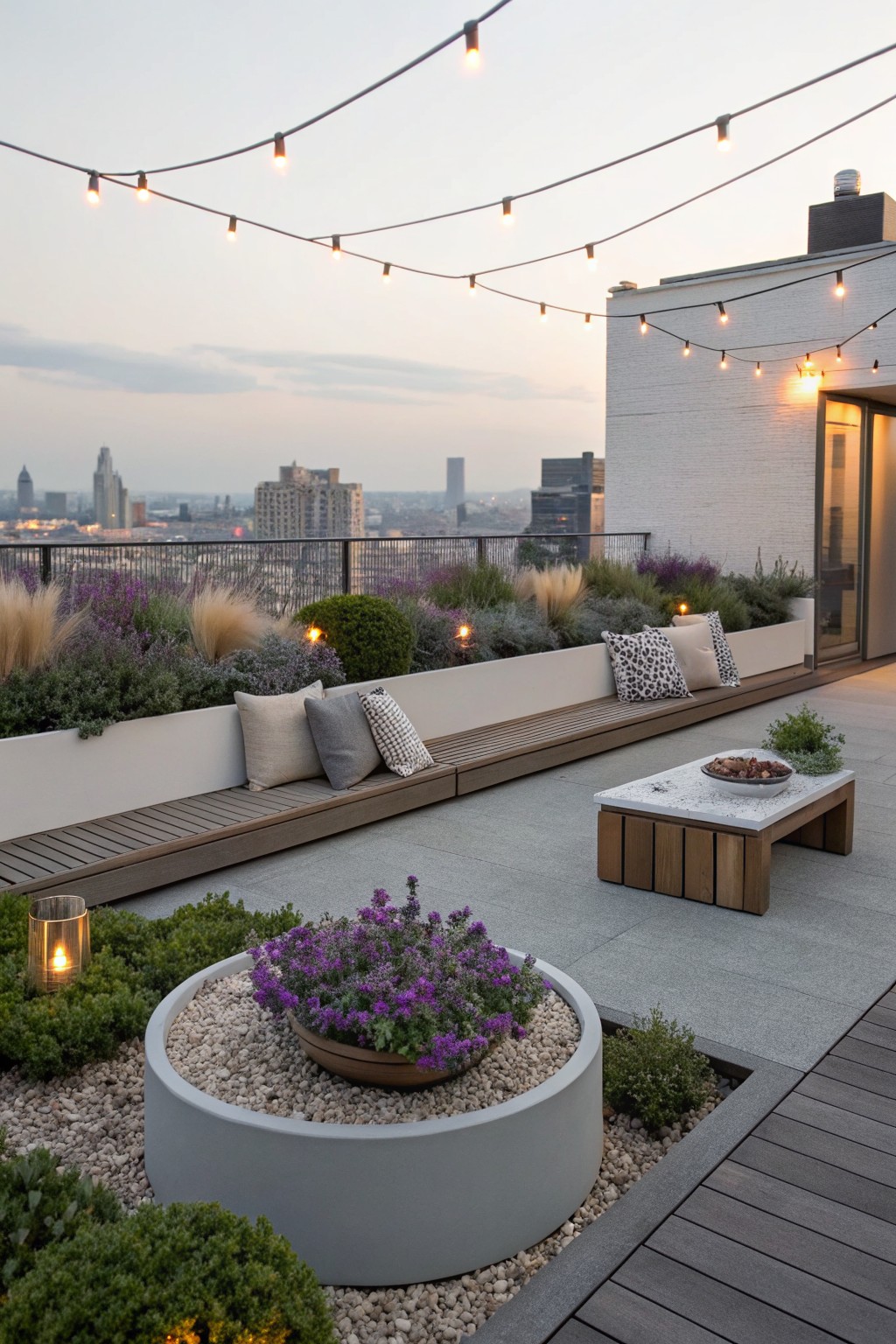 Rooftop terrace at dusk with string lights overhead, long wooden bench with cushions, low table with bowl, circular concrete planter with purple flowers and pebbles, raised beds with grasses and shrubs along white wall, city skyline view.