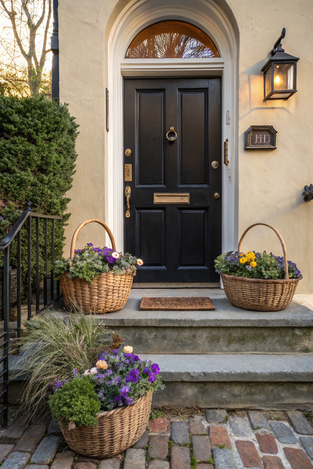 Beige stucco house facade with arched doorway and black paneled front door flanked by two large wicker baskets overflowing with purple pansies, yellow flowers, and greenery, plus a third basket on the steps, lanterns, and brick path.