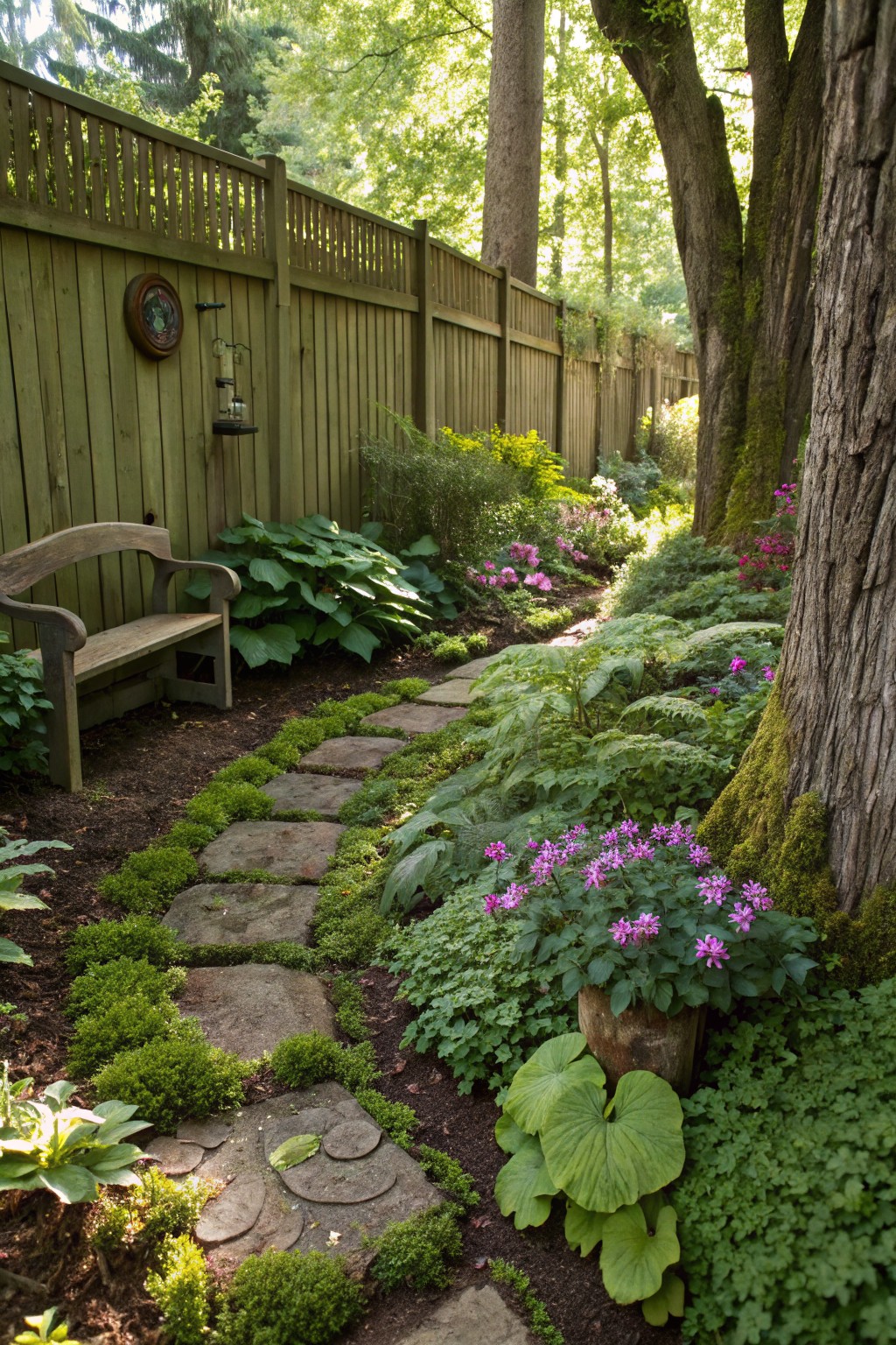 Winding irregular stone path through shaded garden with lush green ferns, hostas, mossy trees, purple flowers along edges, wooden bench, and green wooden fence.