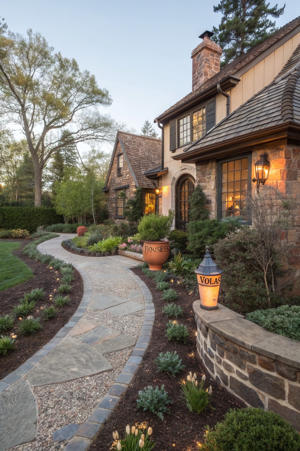 Curving stone pathway edged with gravel, low plants, and large orange terracotta pots labeled Pansy and Volas, leading to a stone house exterior with lanterns and shrubs.