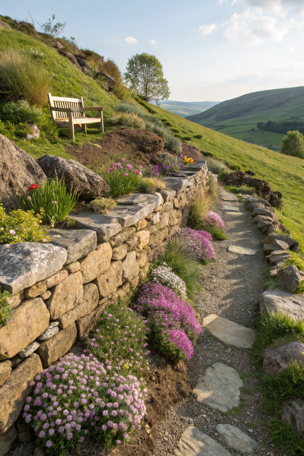 Wooden bench on grassy hillside with dry-stone retaining walls planted with pink and white flowers, winding stepping stone path, rocks, and distant green valleys under a partly cloudy sky.