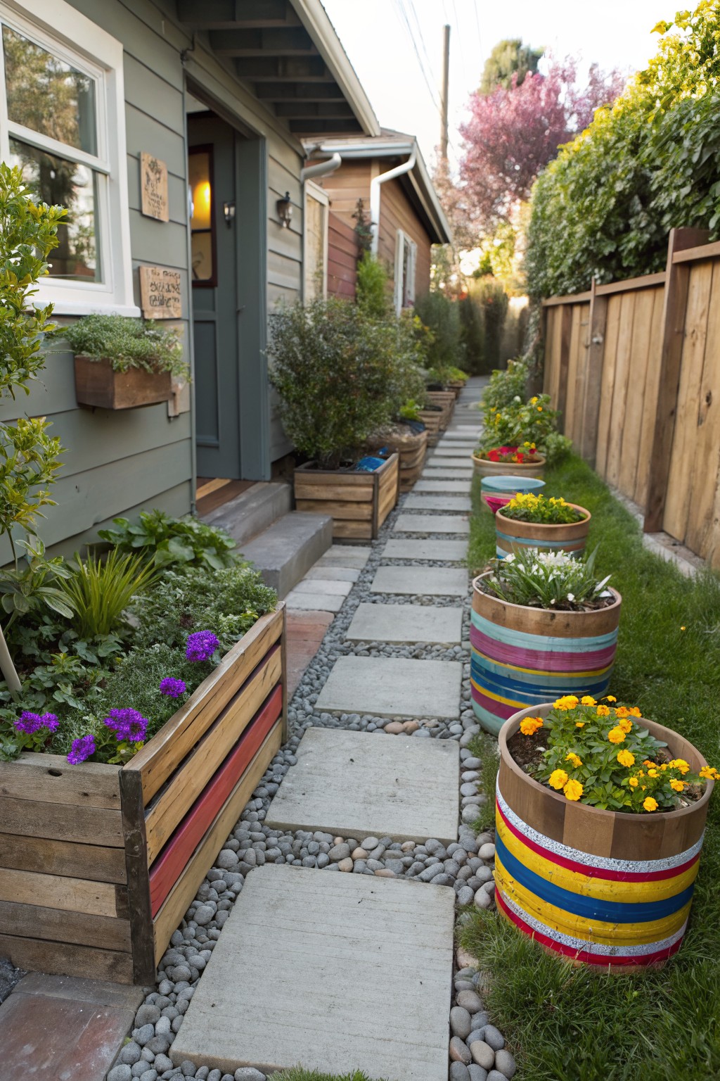 Narrow stone pathway beside a light green house exterior, lined with wooden crate planters and colorful striped barrel planters filled with purple, yellow, and white flowers, gravel mulch, and grass edging.