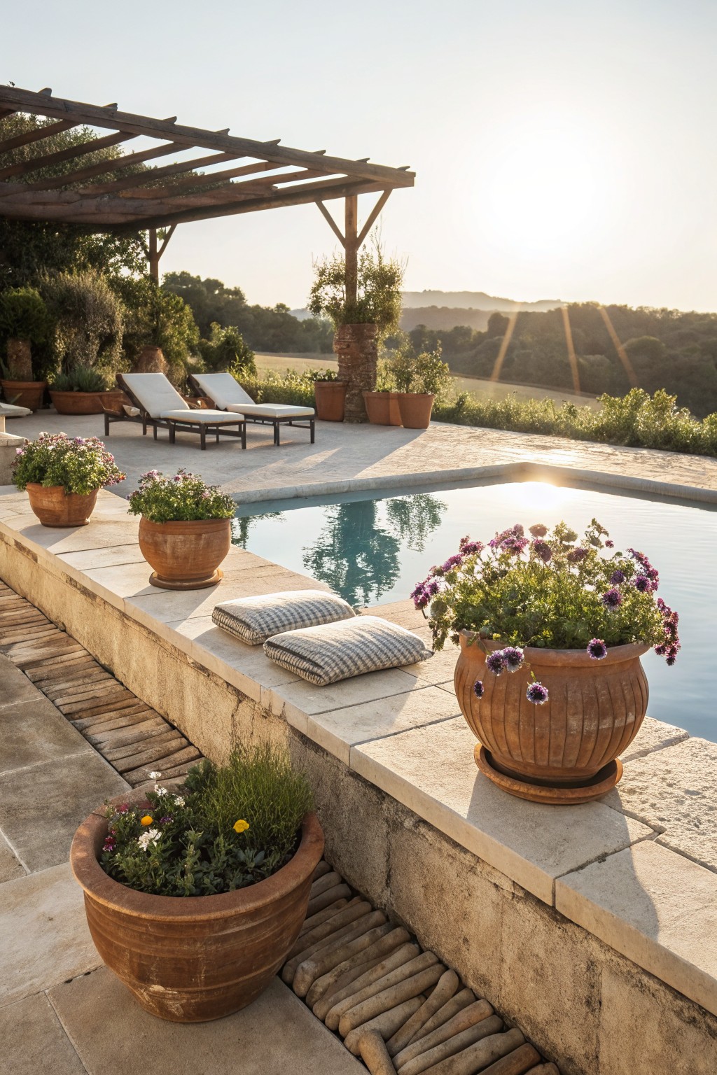 Stone terrace pool edged with multiple large terracotta pots of purple pansies, white lounge chairs with cushions nearby, pergola overhead, and rolling hills at sunset.