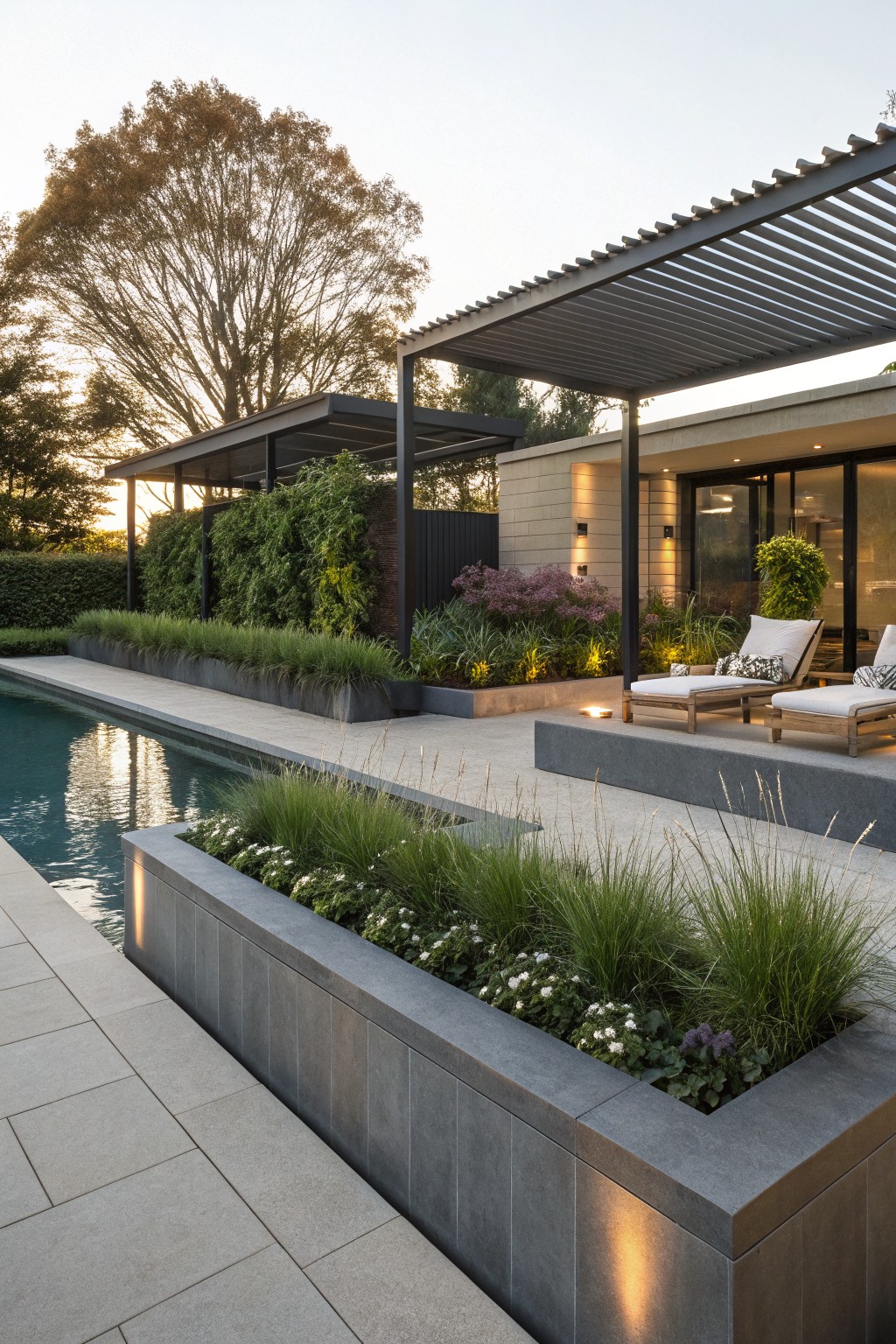 Gray concrete pool deck with rectangular raised planters filled with ornamental grasses and small white flowers along the edge, wooden sun loungers on a platform, pergola-covered terrace attached to a modern house, hedges and trees in the background at dusk.