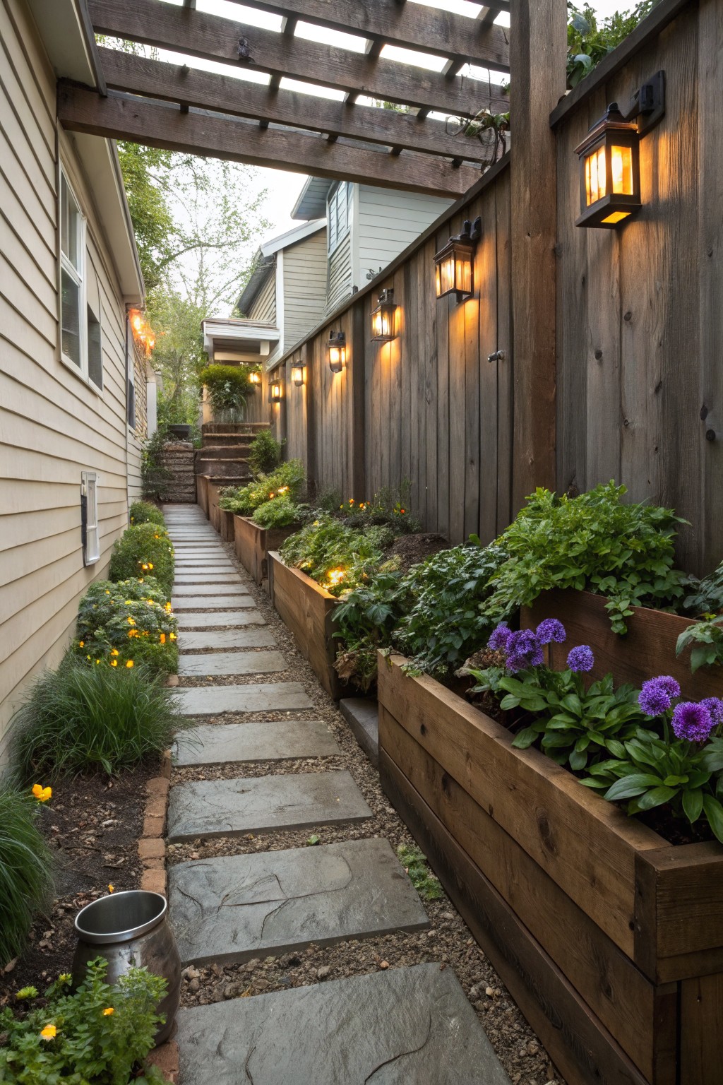 Narrow stone paver pathway between a house and wooden fence, lined with multiple wooden raised planter boxes overflowing with green herbs, flowers including purple blooms, under a wooden pergola with wall-mounted lanterns.