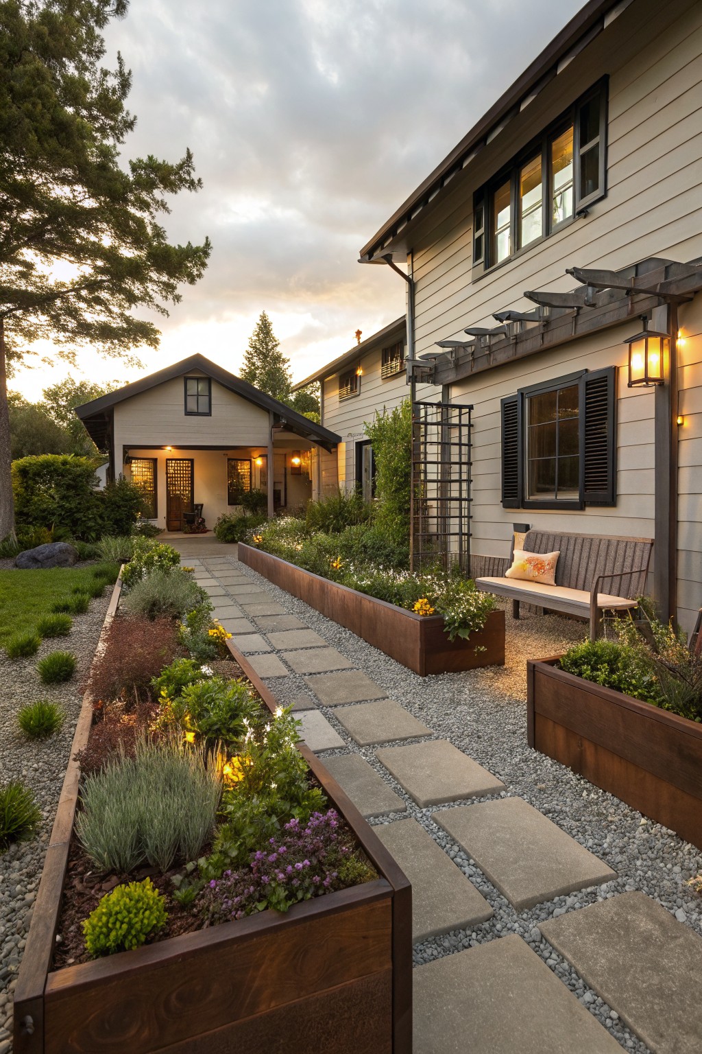Stone paver pathway through gravel bordered by wooden raised planters filled with flowers, grasses, and succulents, next to a beige house exterior with lights on at dusk.