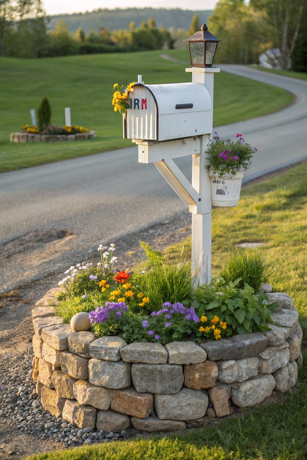 White mailbox on a white post centered in a circular dry-stacked stone wall flower bed with colorful pansies, daisies, and other blooms, beside a rural gravel road with green fields and hills in the background.