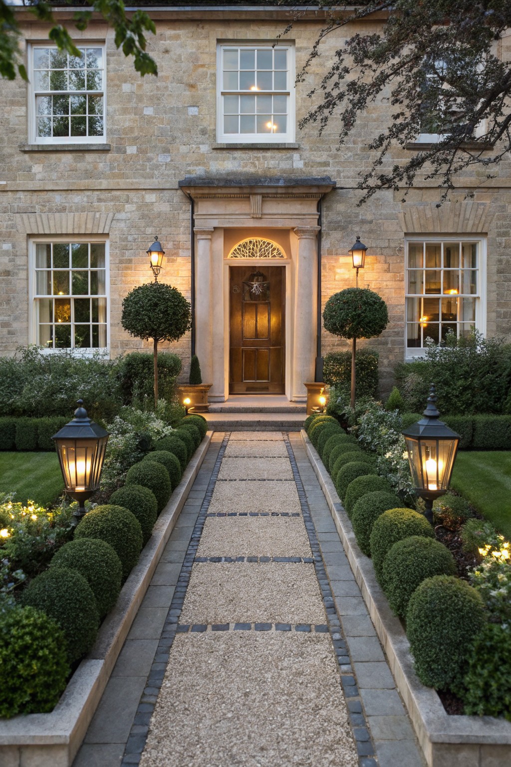 Front yard gravel pathway with dark stone paver inserts, bordered by spherical boxwood shrubs and lanterns, leading to the entrance of a light stone house at dusk.