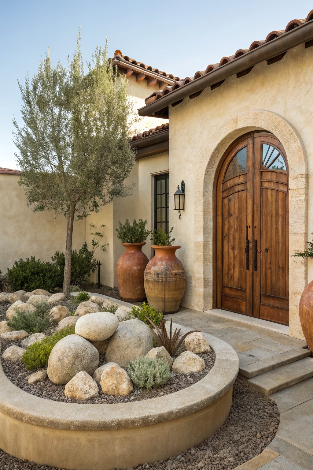 Front view of a beige stucco house entry with arched double wooden doors, black lantern light, olive tree, large terracotta pots, and a circular raised stucco bed containing white boulders, gravel, small rocks, and drought-tolerant plants.