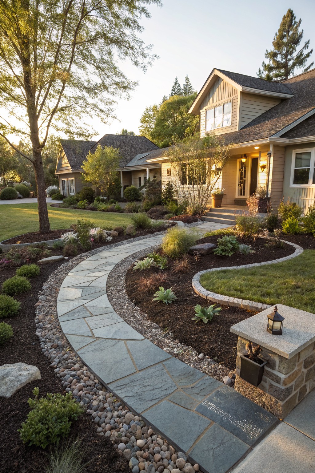 Curved gray flagstone walkway bordered by mulch garden beds, river rocks, plants, and stone edging in a front yard leading to a beige two-story house with steps and lanterns.